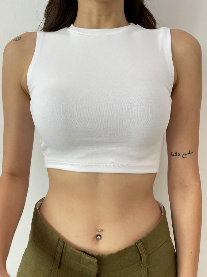 Bisiklet Yaka Crop Body Beyaz