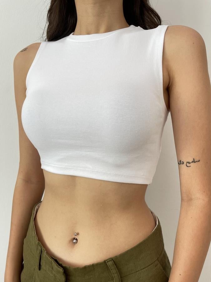 Bisiklet Yaka Crop Body Beyaz