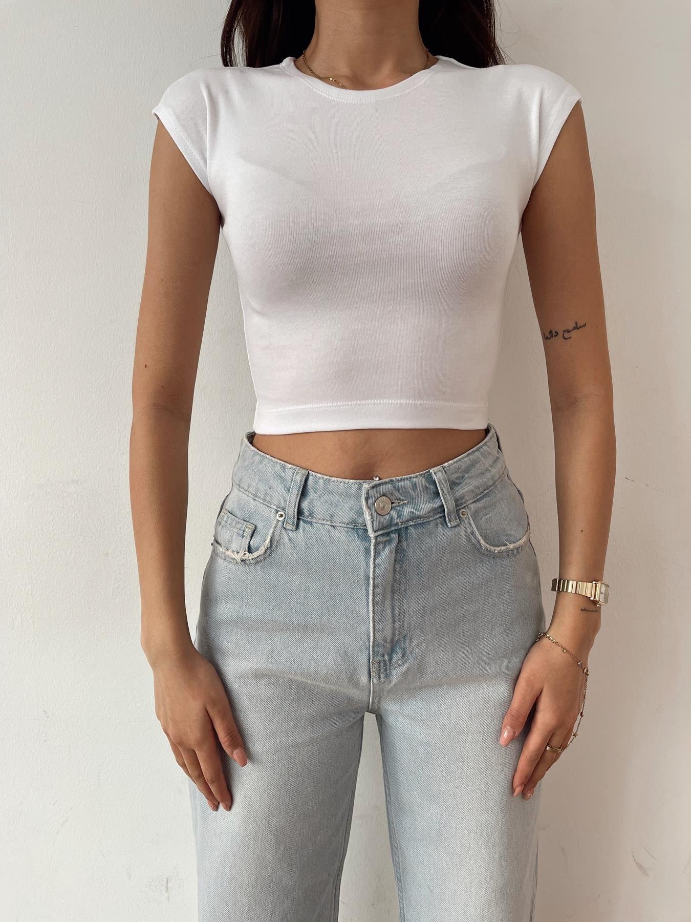 Bisiklet Yaka Crop Body BEYAZ