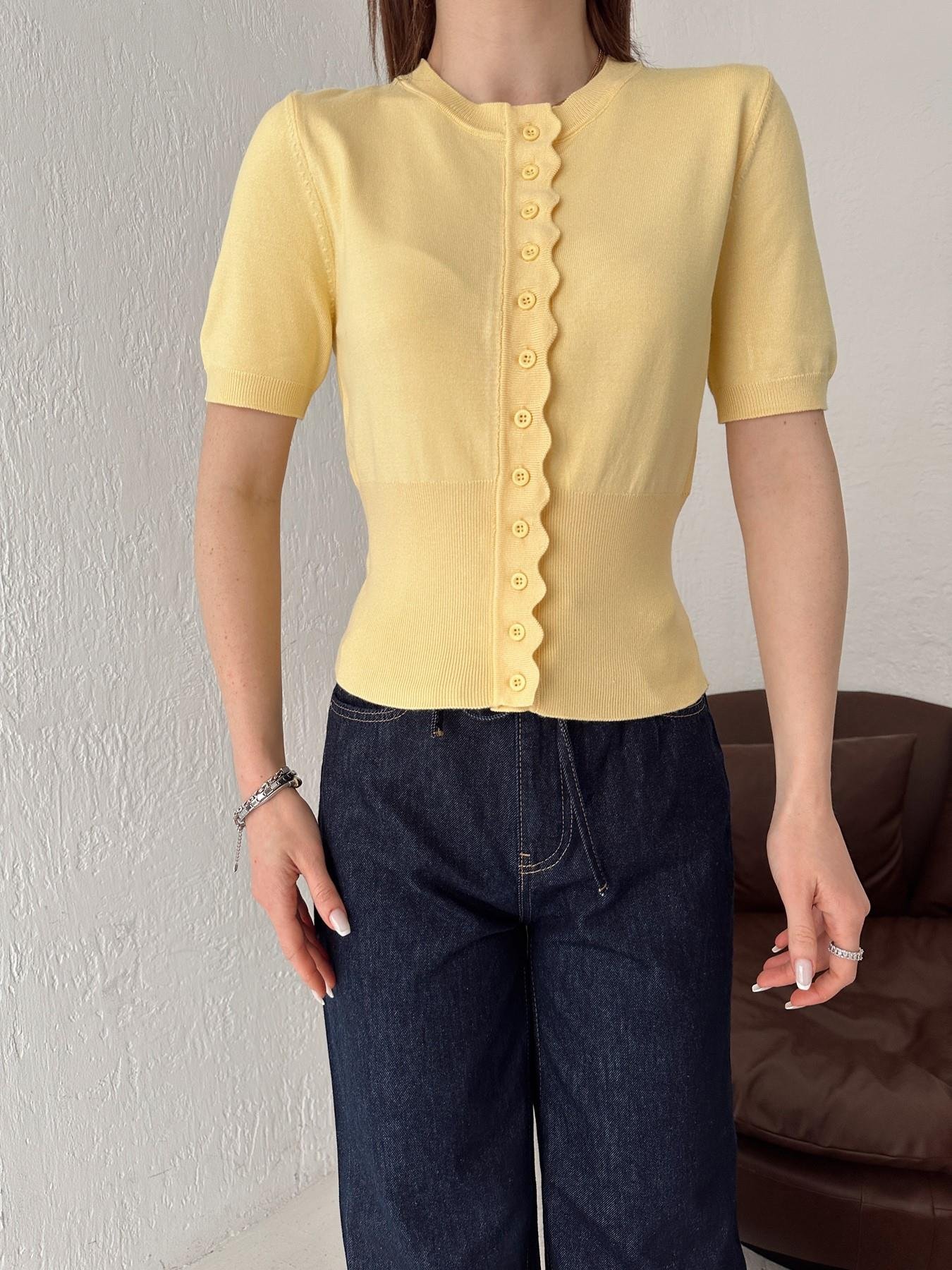 Bisiklet Yaka Dalga Detay Triko Hırka SARI