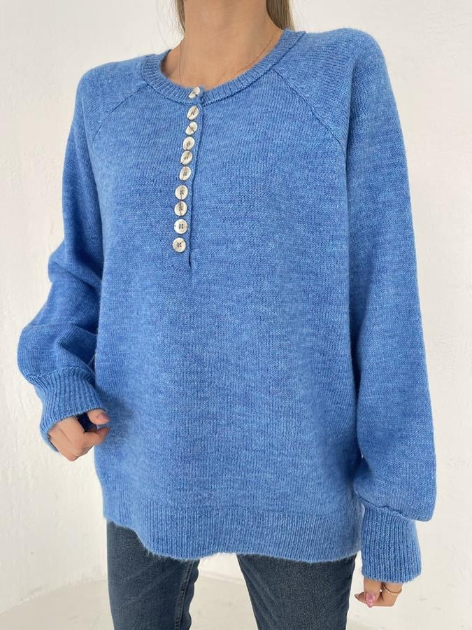 Bisiklet Yaka Düğme Detay Triko MAVİ