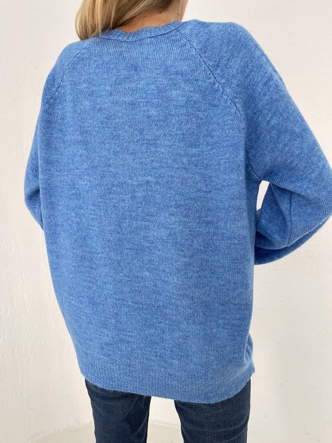 Bisiklet Yaka Düğme Detay Triko MAVİ