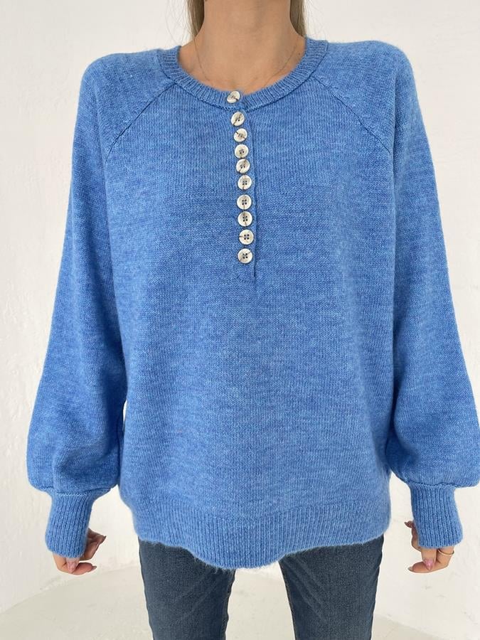 Bisiklet Yaka Düğme Detay Triko MAVİ