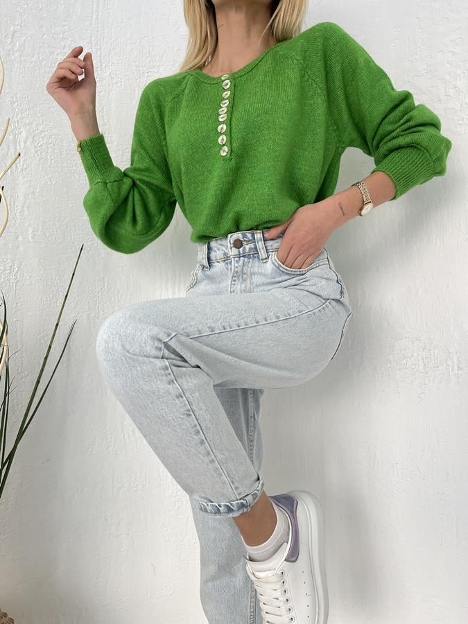 Bisiklet Yaka Düğme Detay Triko YEŞİL