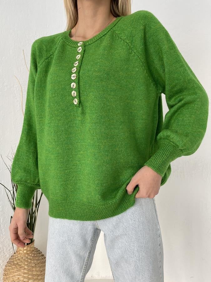 Bisiklet Yaka Düğme Detay Triko YEŞİL