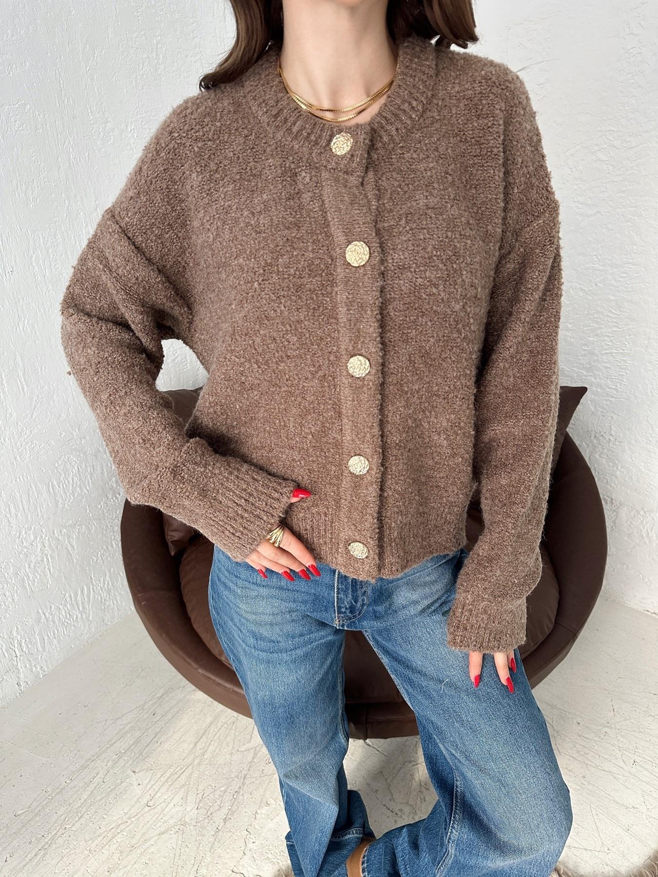 Bisiklet Yaka  Düğmeli Buklet Hırka VİZON