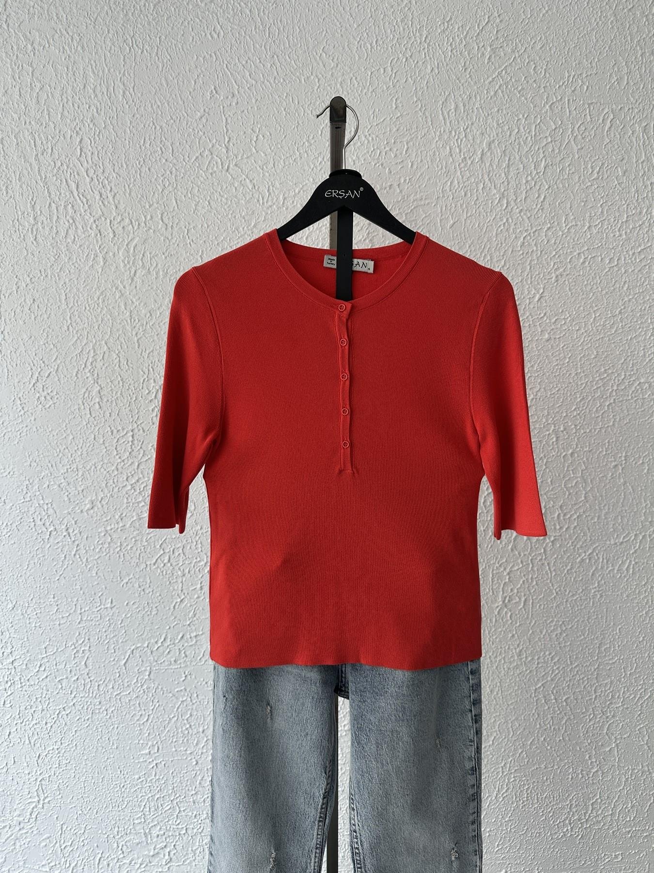 Bisiklet Yaka Düğmeli Triko Açık kırmızı