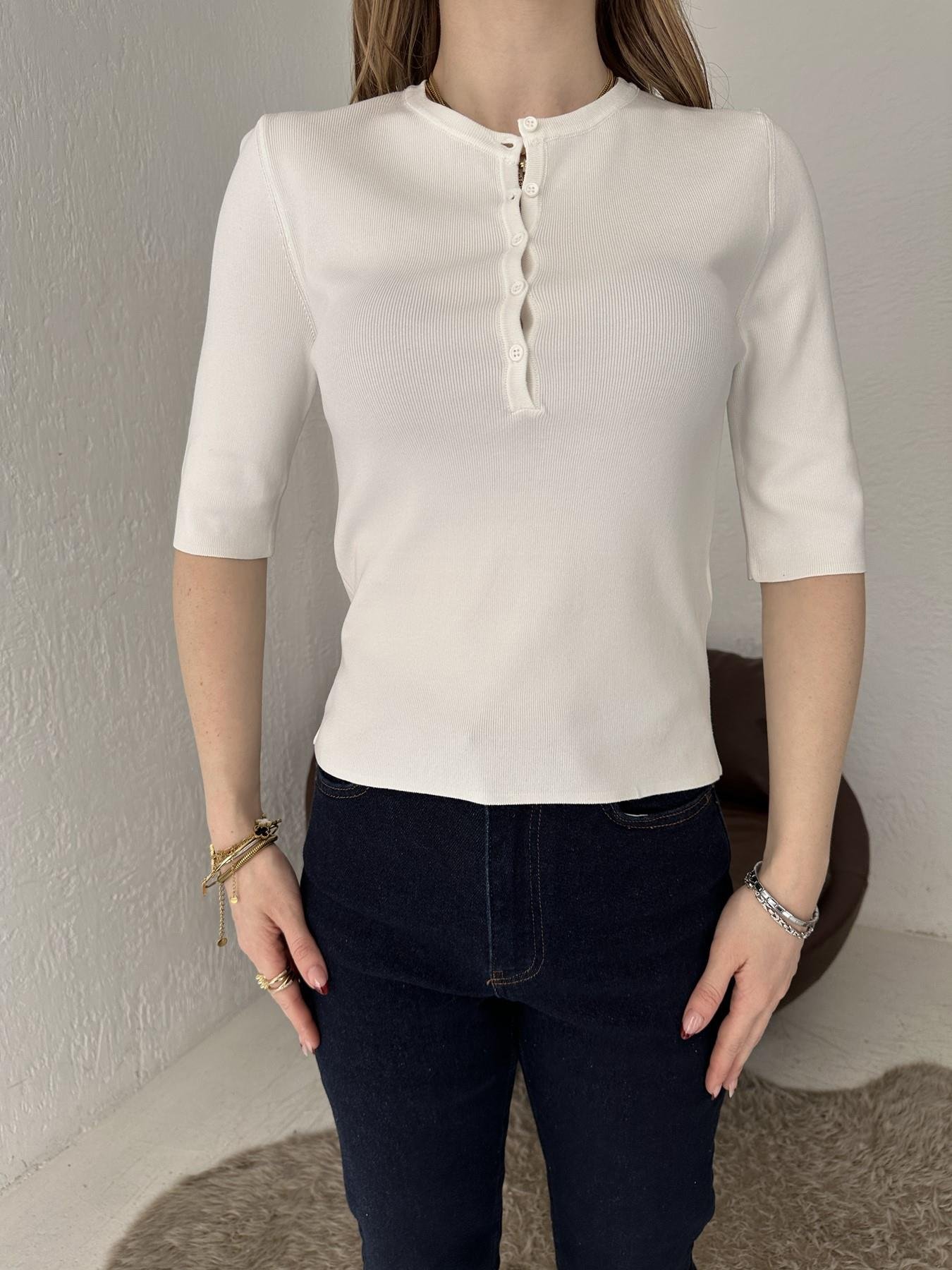 Bisiklet Yaka Düğmeli Triko Ekru