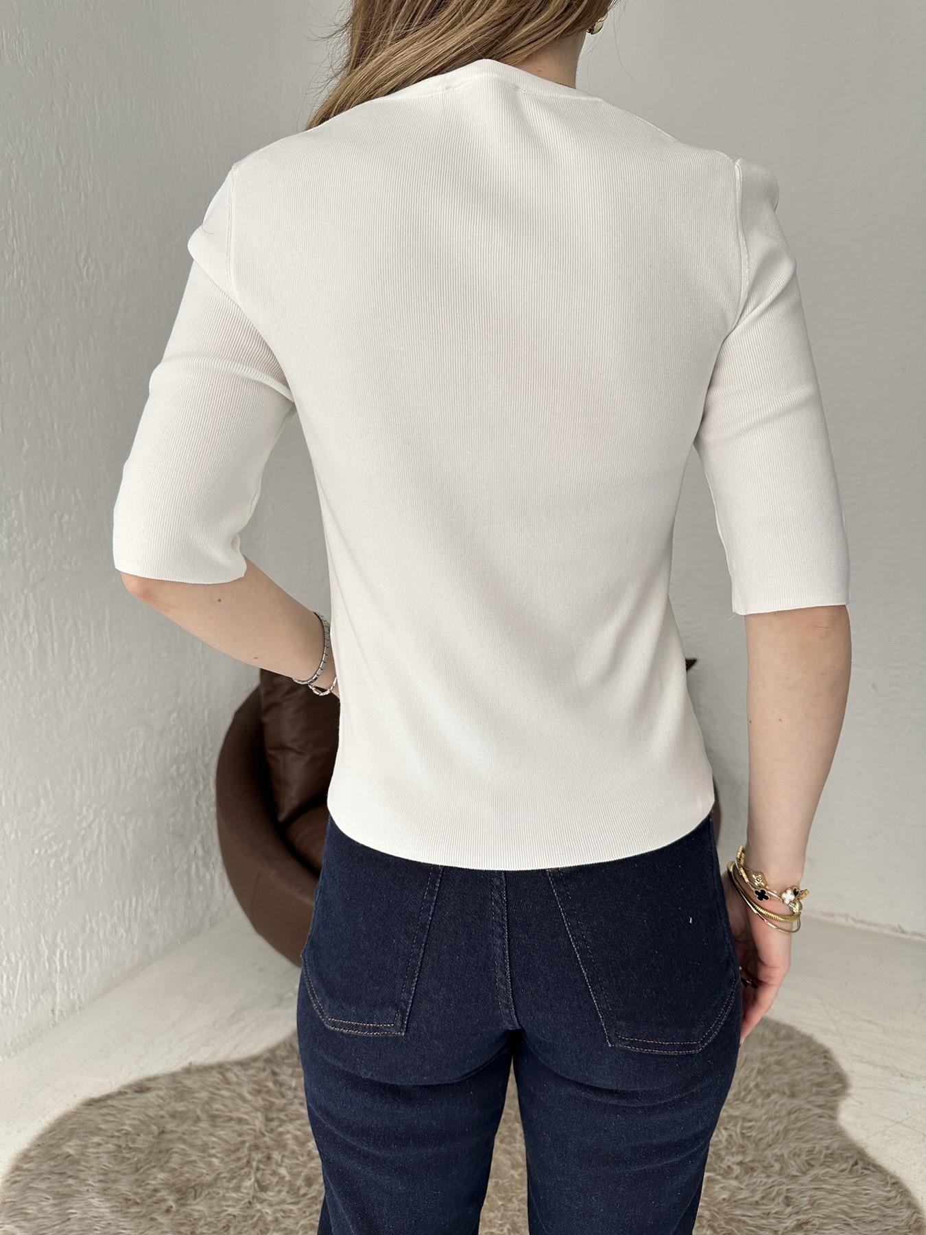 Bisiklet Yaka Düğmeli Triko Ekru