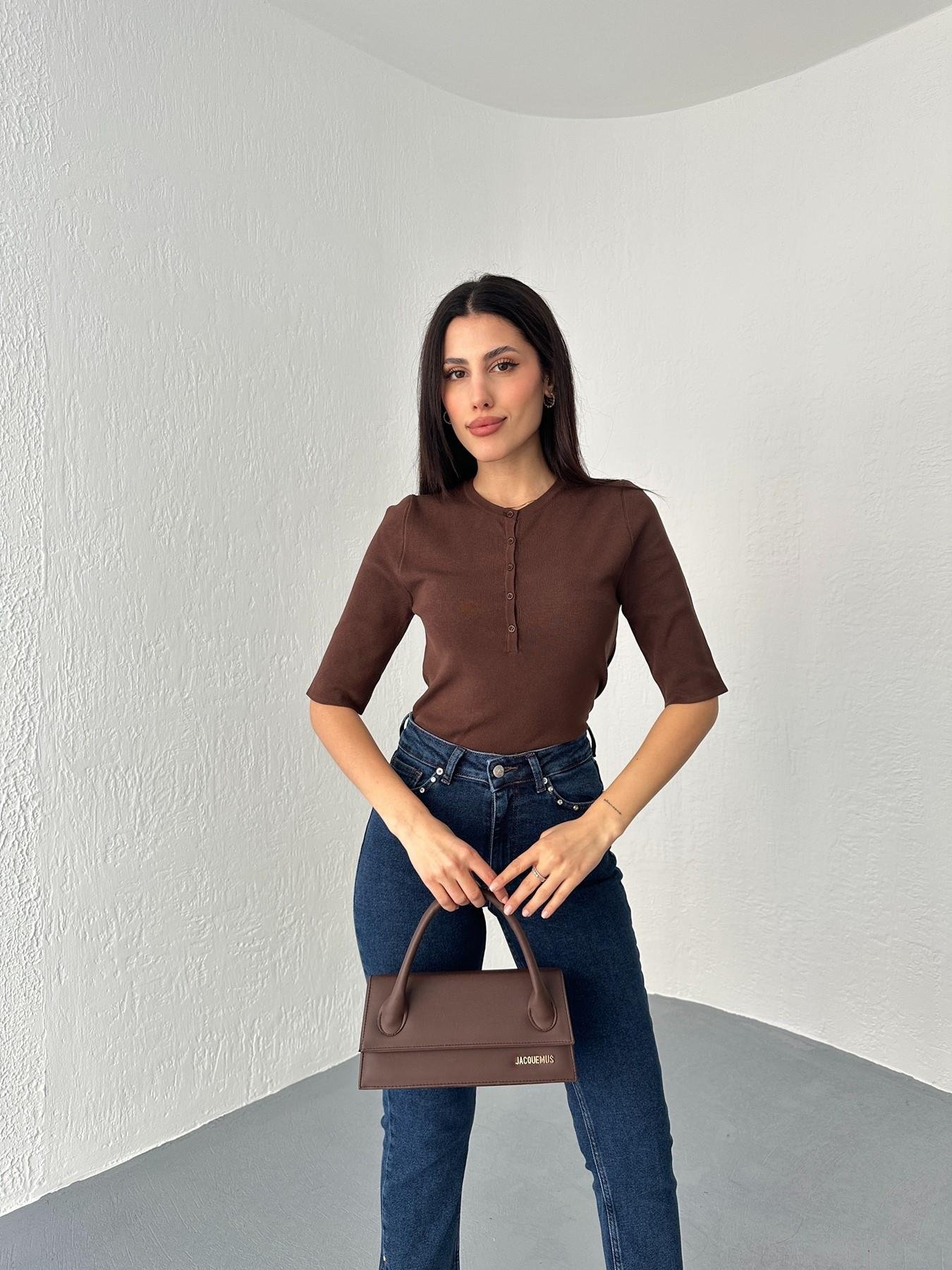 Bisiklet Yaka Düğmeli Triko Kahve