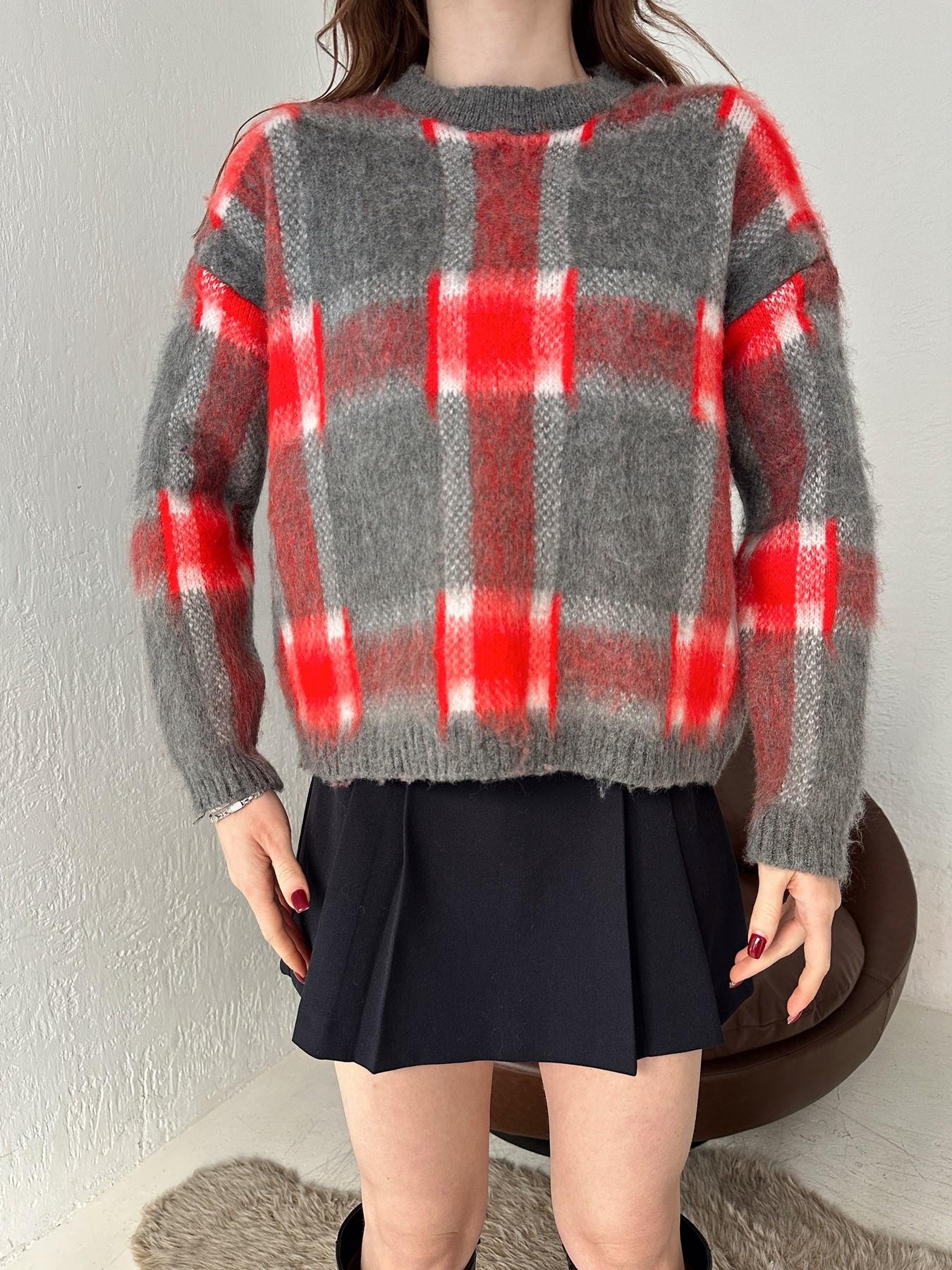 Bisiklet Yaka Ekoseli Kazak KIRMIZI