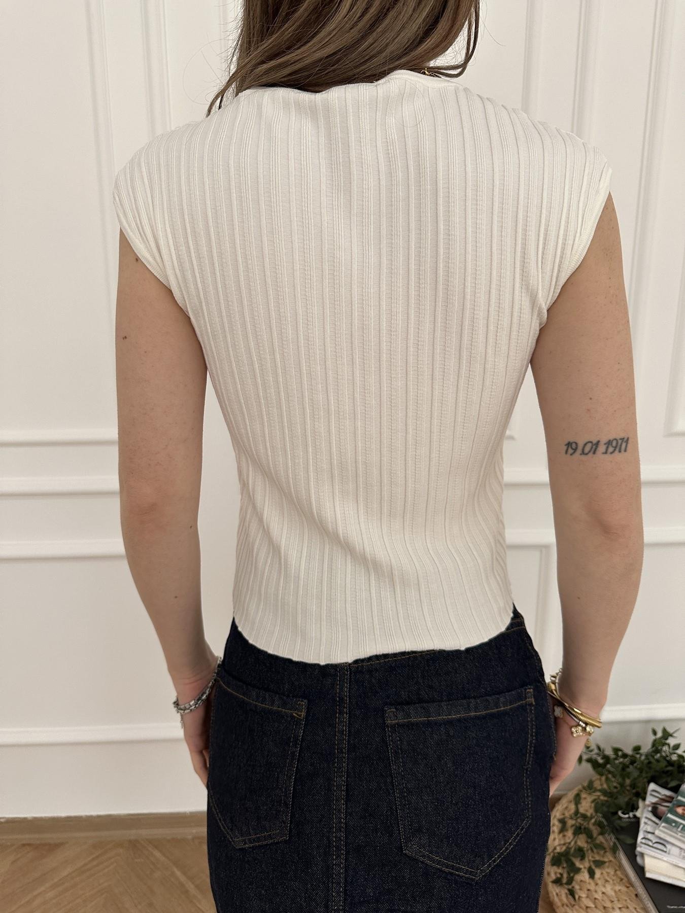 Bisiklet Yaka Fitilli İnce Triko Ekru