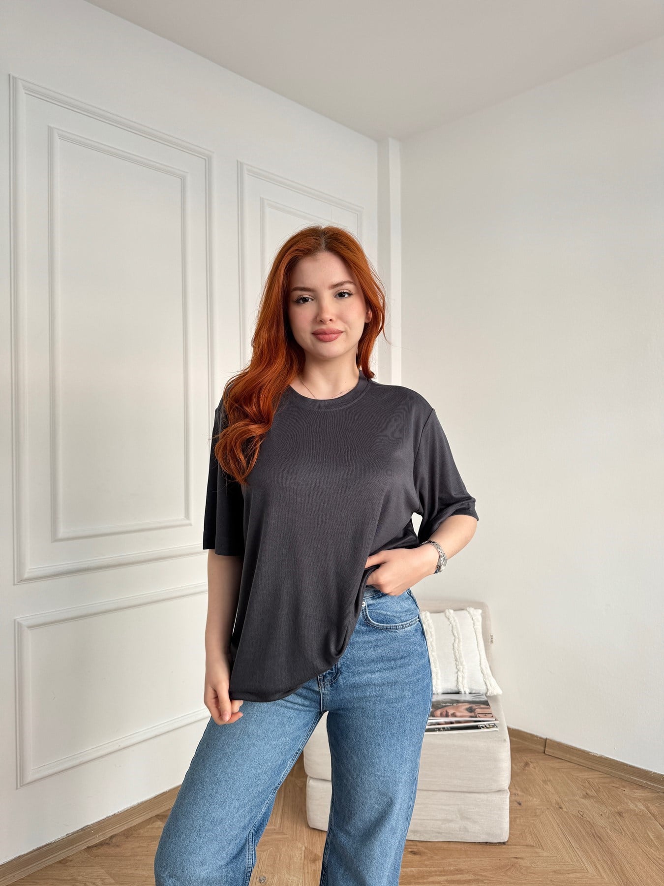 Bisiklet Yaka Fitilli Kısa Kol Tişört Antrasit
