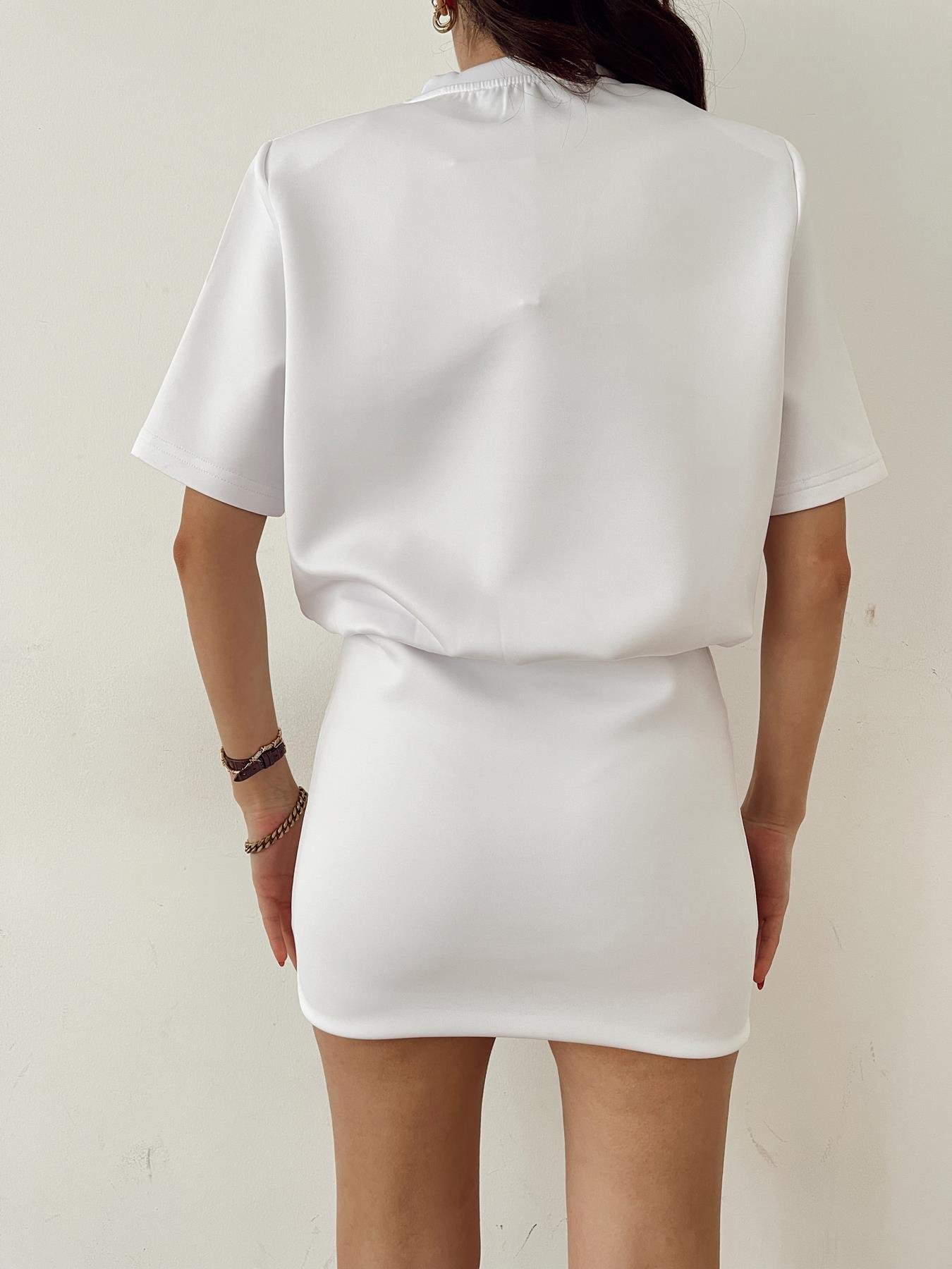 Bisiklet Yaka Kısa Kol Elbise BEYAZ