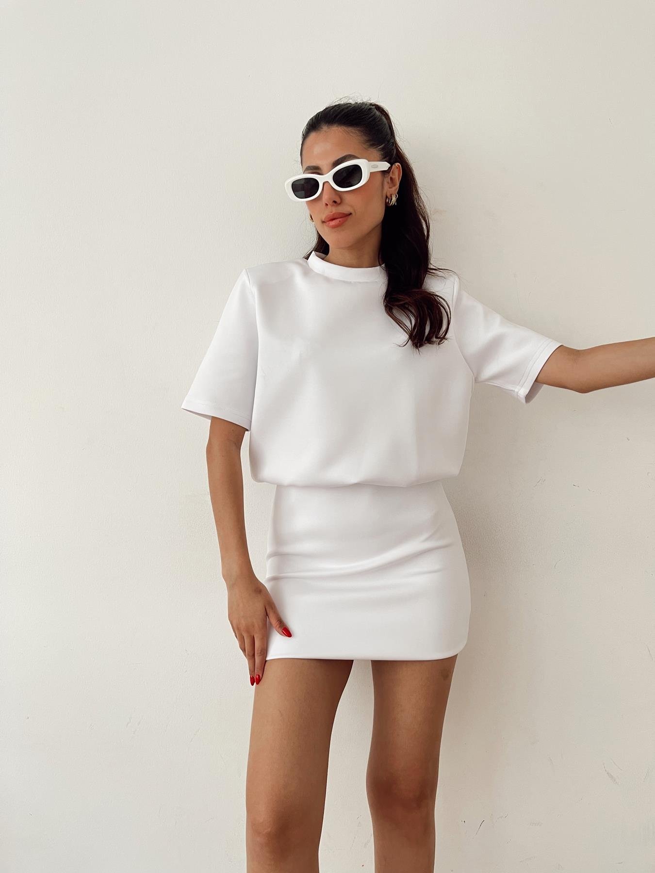 Bisiklet Yaka Kısa Kol Elbise BEYAZ