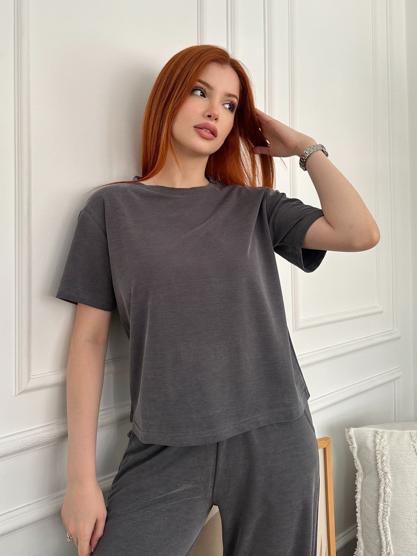 Bisiklet Yaka Kısa T-shirt Antrasit