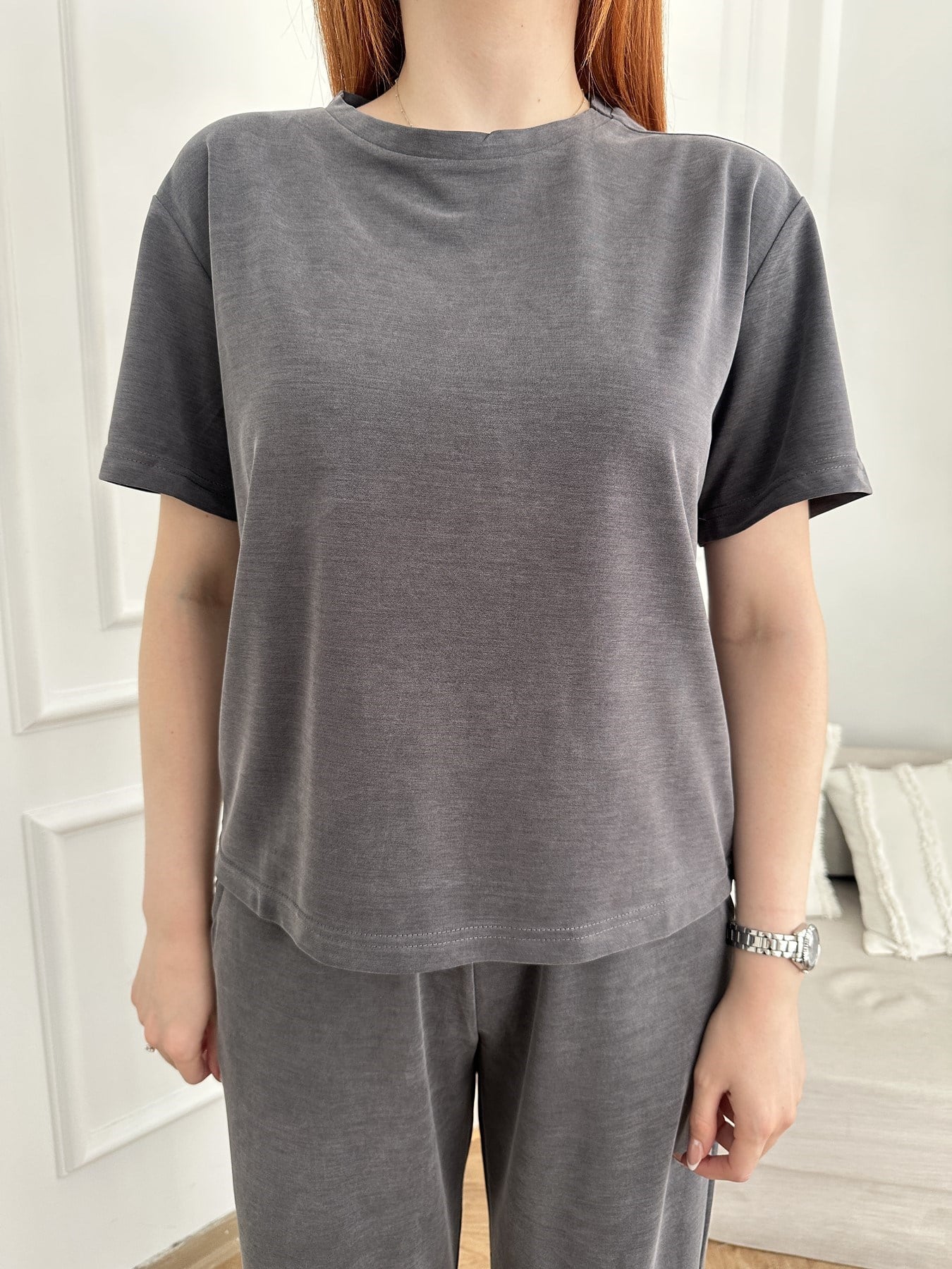 Bisiklet Yaka Kısa T-shirt Antrasit
