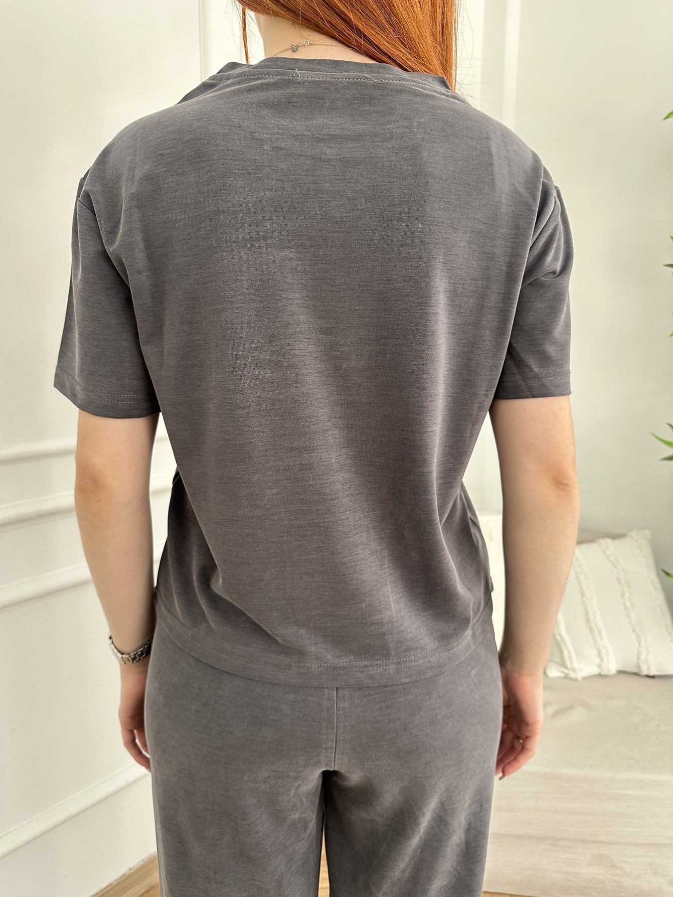 Bisiklet Yaka Kısa T-shirt Antrasit
