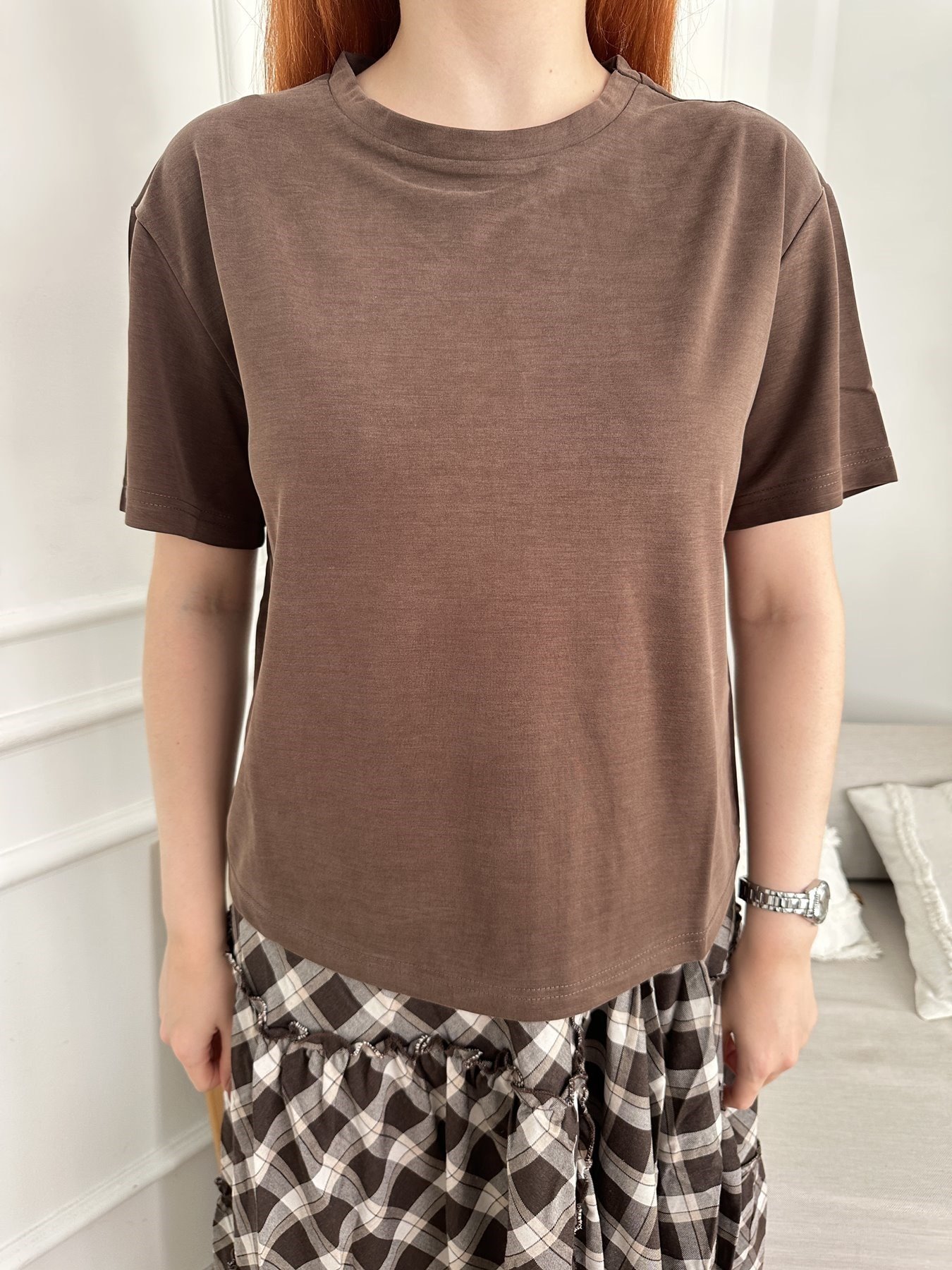 Bisiklet Yaka Kısa T-shirt Koyu kahve