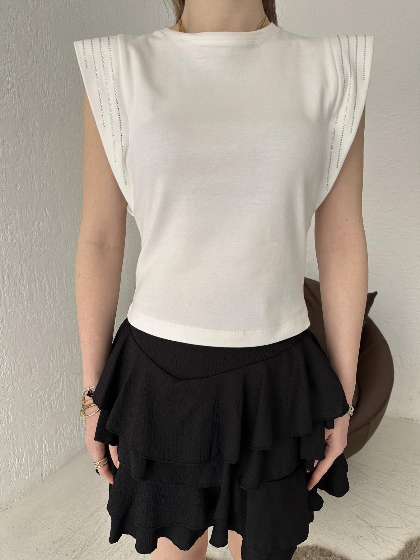 Bisiklet Yaka Kolsuz Taşlı Tişört Ekru