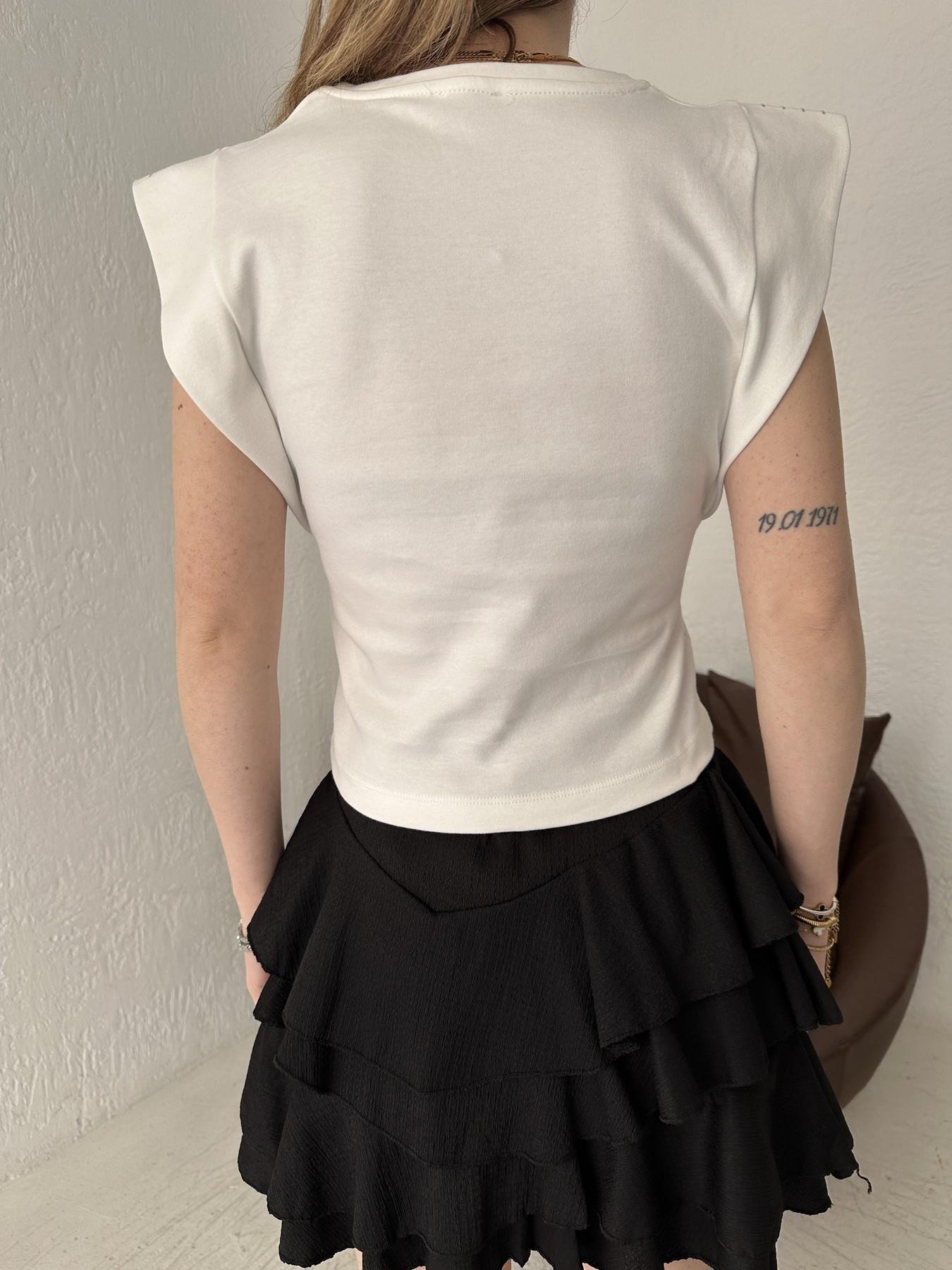 Bisiklet Yaka Kolsuz Taşlı Tişört Ekru