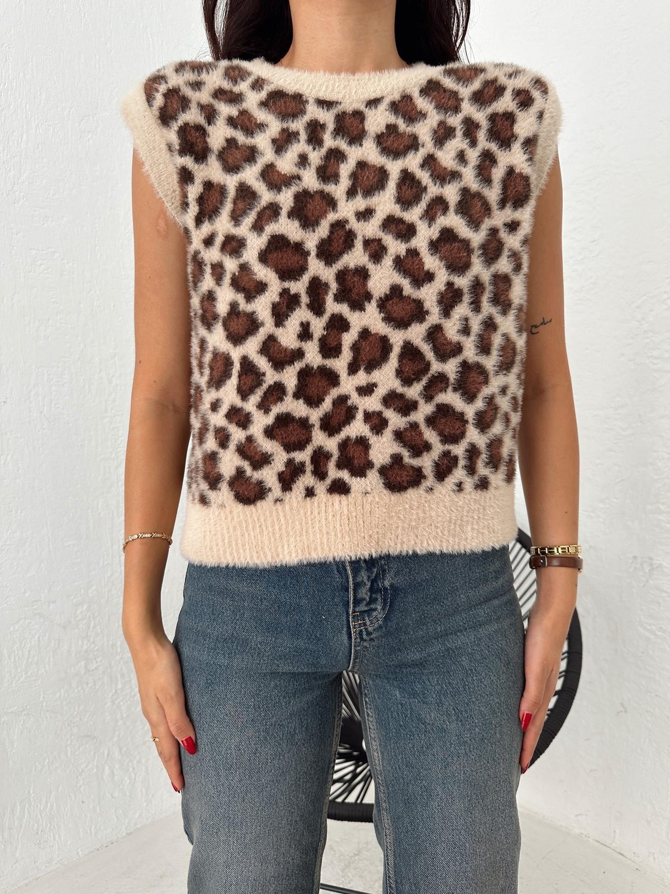 Bisiklet Yaka Leopar Süveter TAŞ-KAHVE