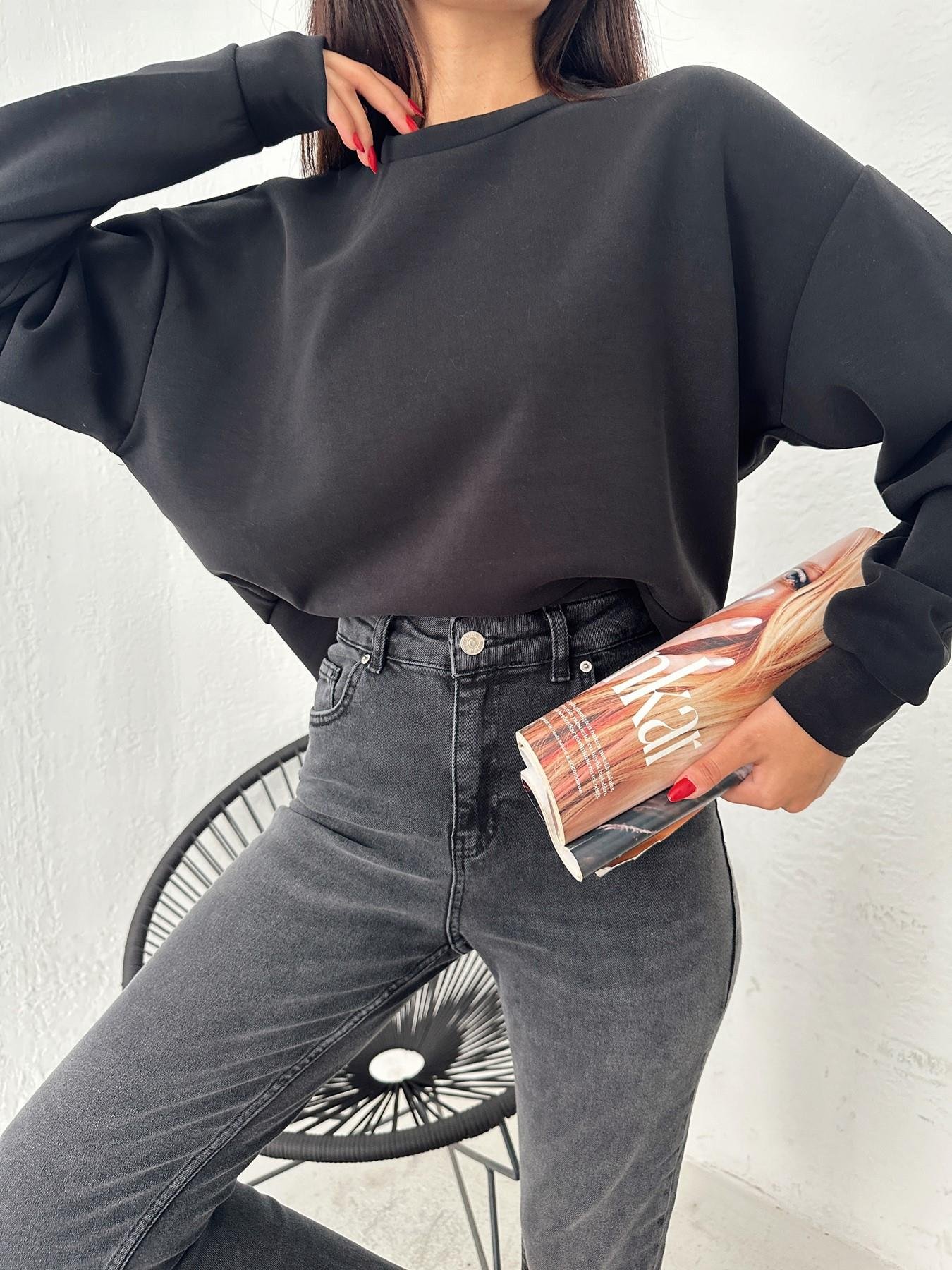 Bisiklet Yaka Modal Kumaş Sweatshirt SİYAH