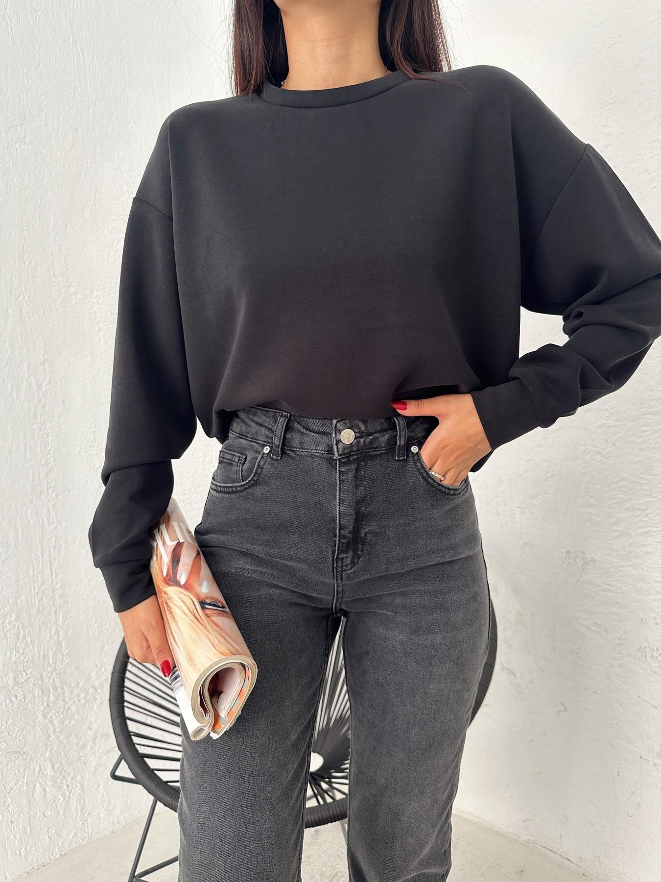 Bisiklet Yaka Modal Kumaş Sweatshirt SİYAH