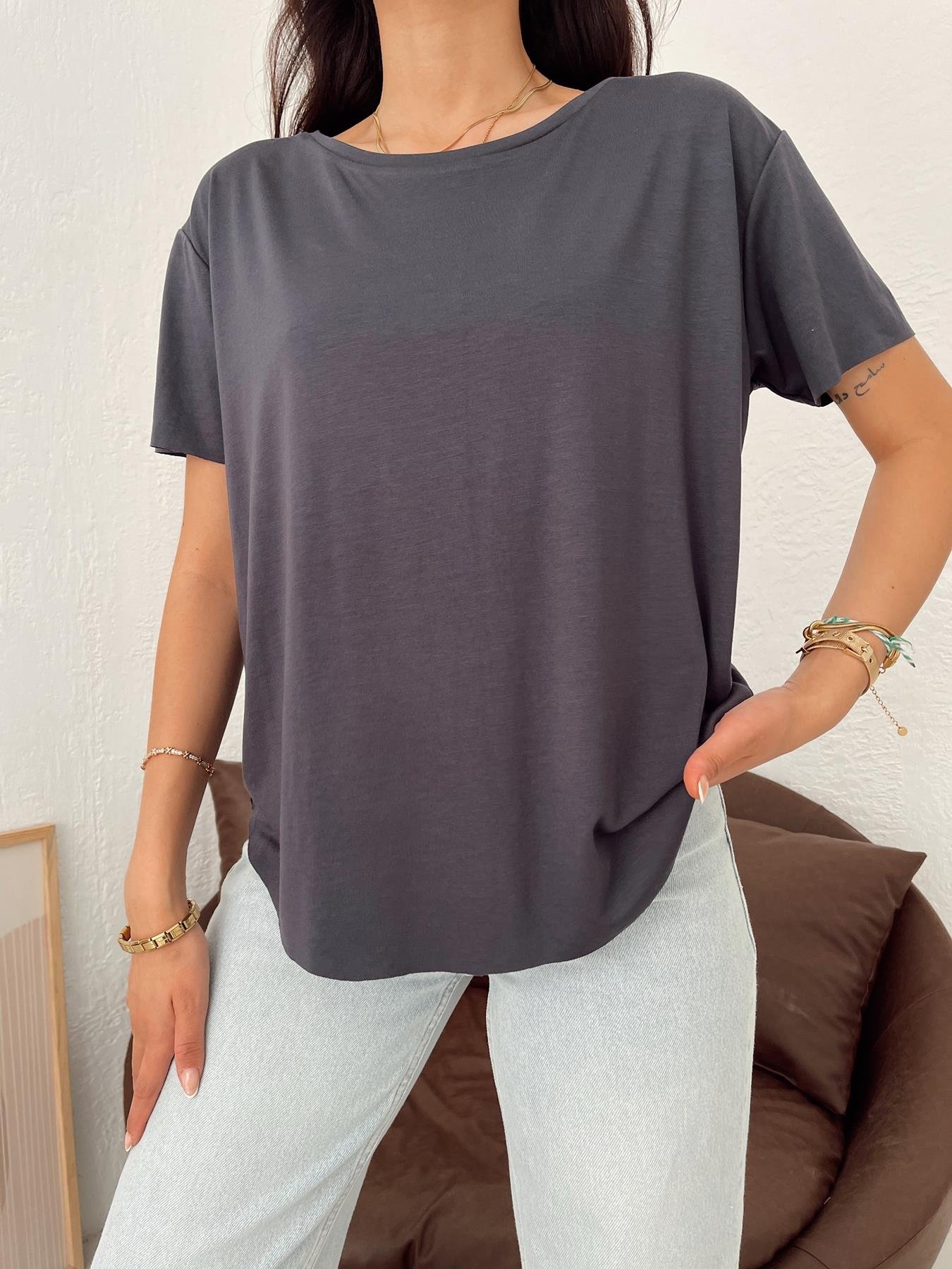 Bisiklet Yaka Modal Tişört ANTRASİT