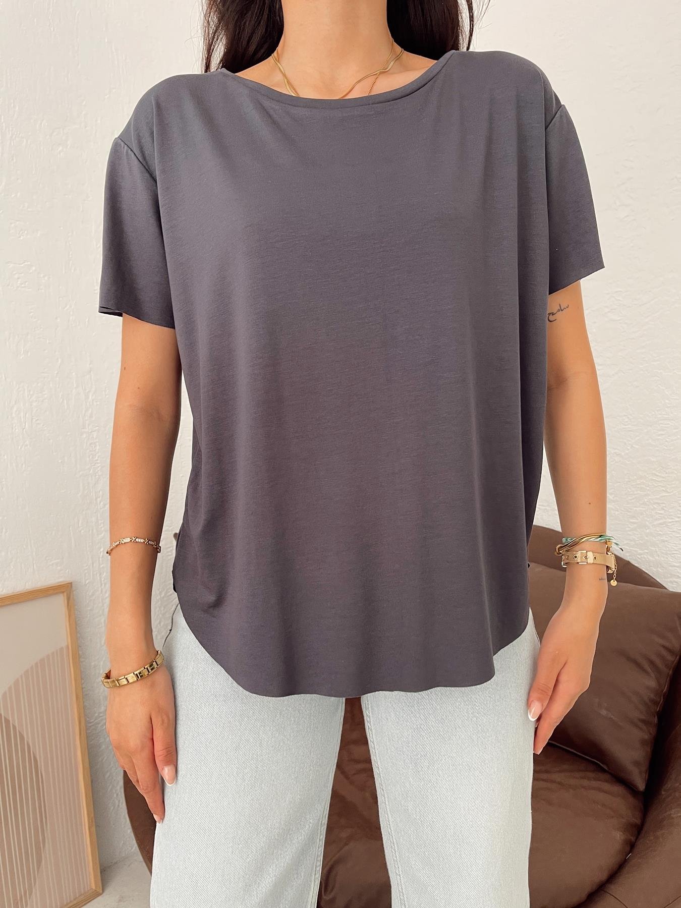 Bisiklet Yaka Modal Tişört ANTRASİT