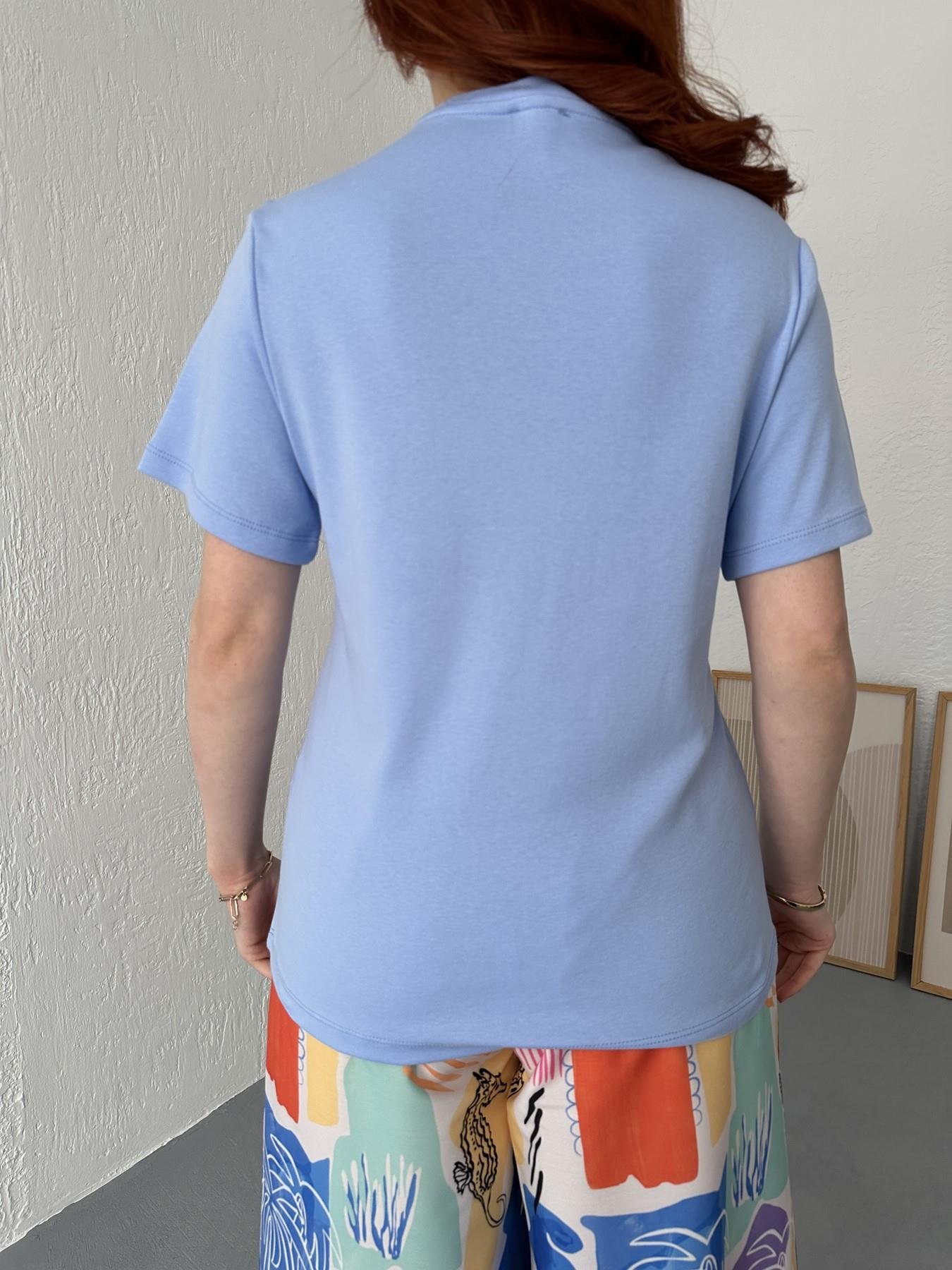Bisiklet Yaka Nakışlı Tişört Mavi