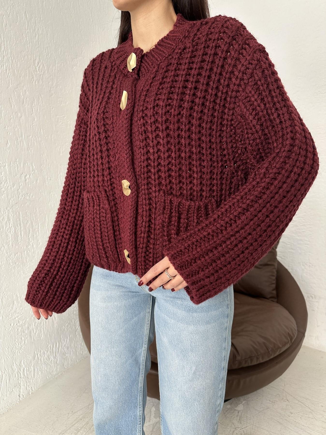 Bisiklet Yaka Örgü Triko Hırka BORDO