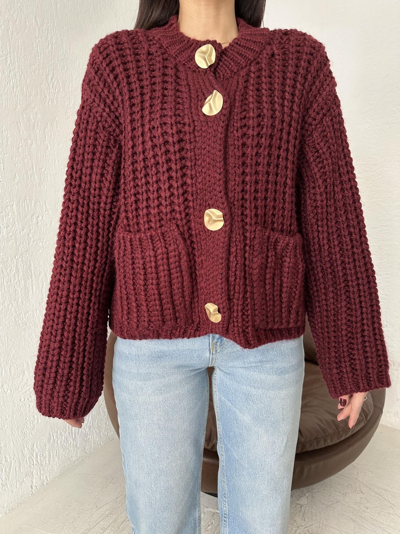 Bisiklet Yaka Örgü Triko Hırka BORDO