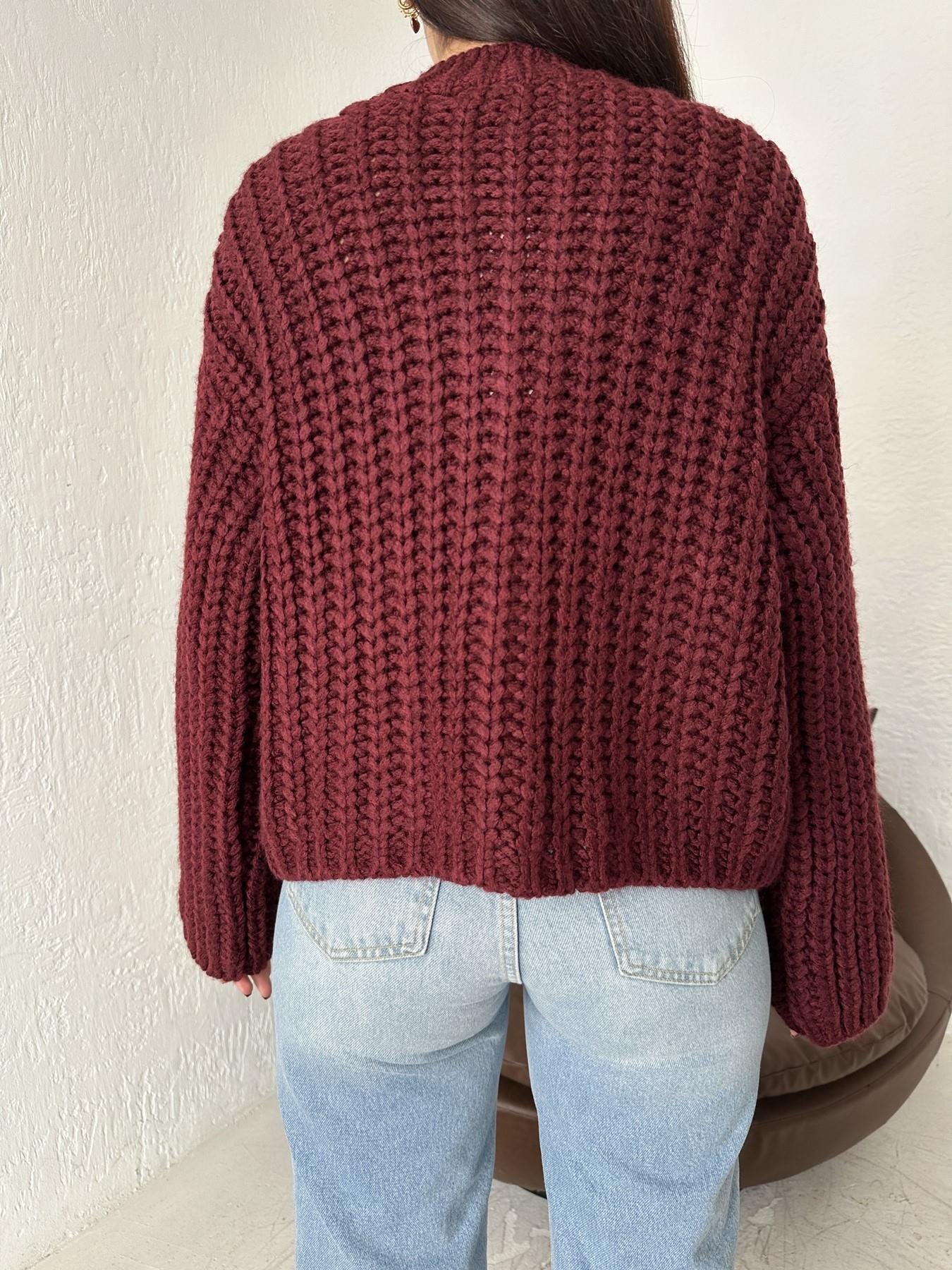 Bisiklet Yaka Örgü Triko Hırka BORDO