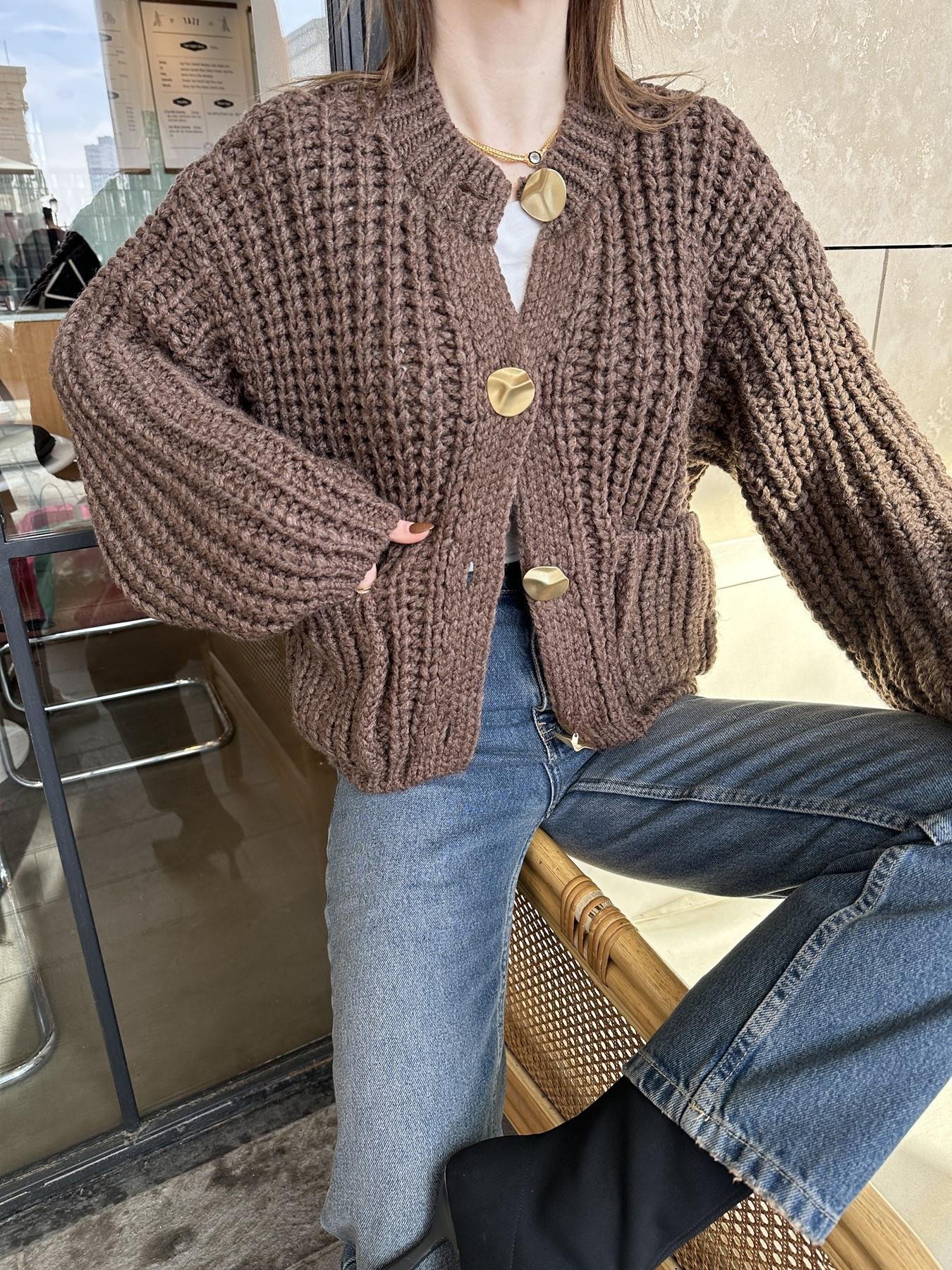 Bisiklet Yaka Örgü Triko Hırka KAHVE