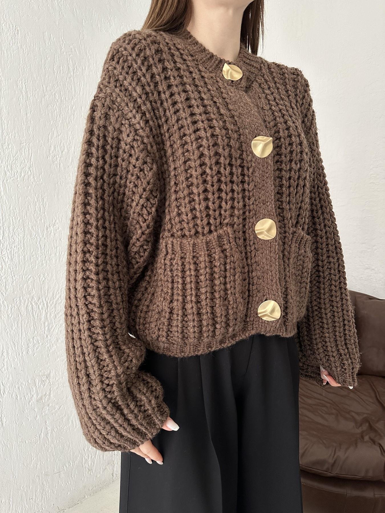 Bisiklet Yaka Örgü Triko Hırka KAHVE