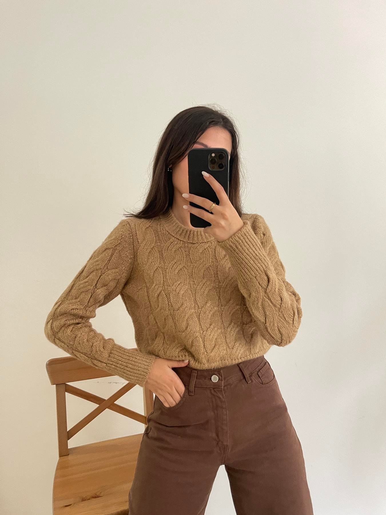 Bisiklet Yaka Saç Örgü Kazak CAMEL