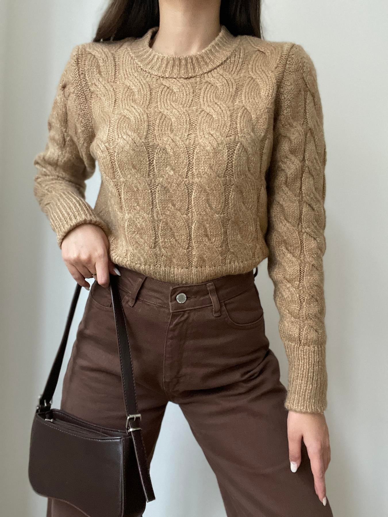 Bisiklet Yaka Saç Örgü Kazak CAMEL