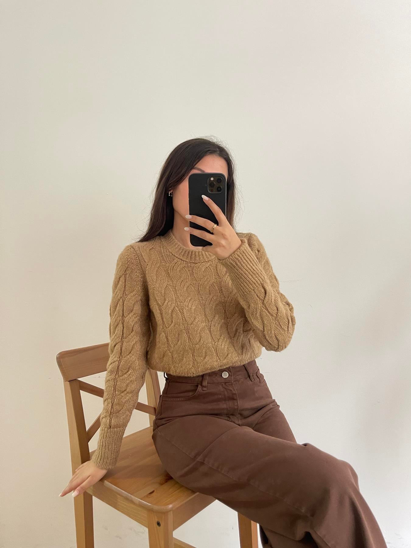 Bisiklet Yaka Saç Örgü Kazak CAMEL