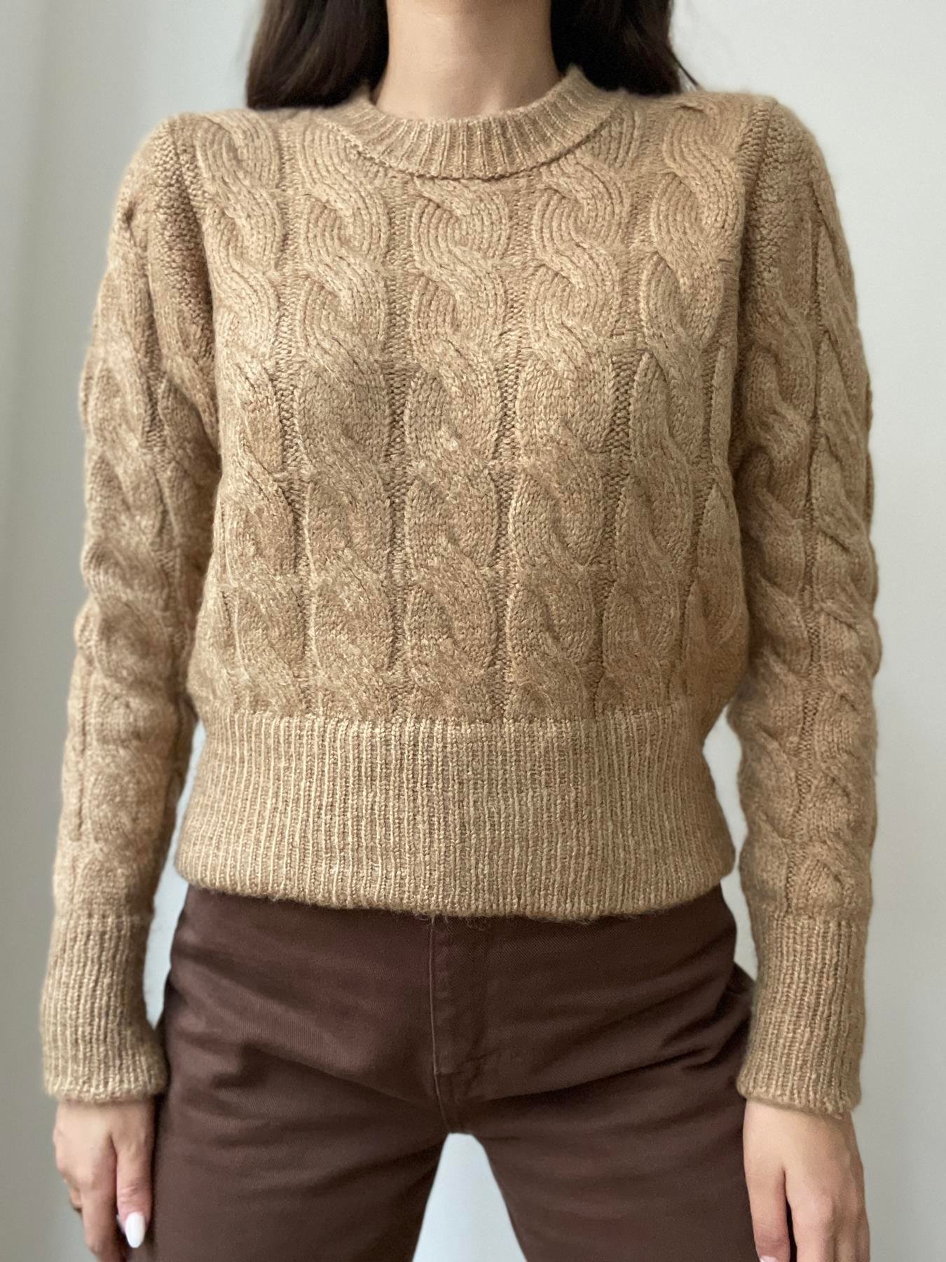 Bisiklet Yaka Saç Örgü Kazak CAMEL