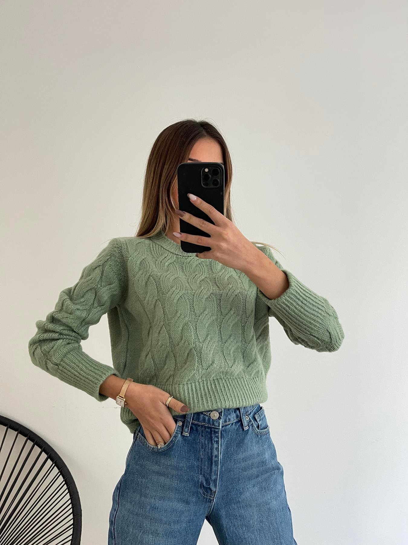 Bisiklet Yaka Saç Örgü Kazak MİNT