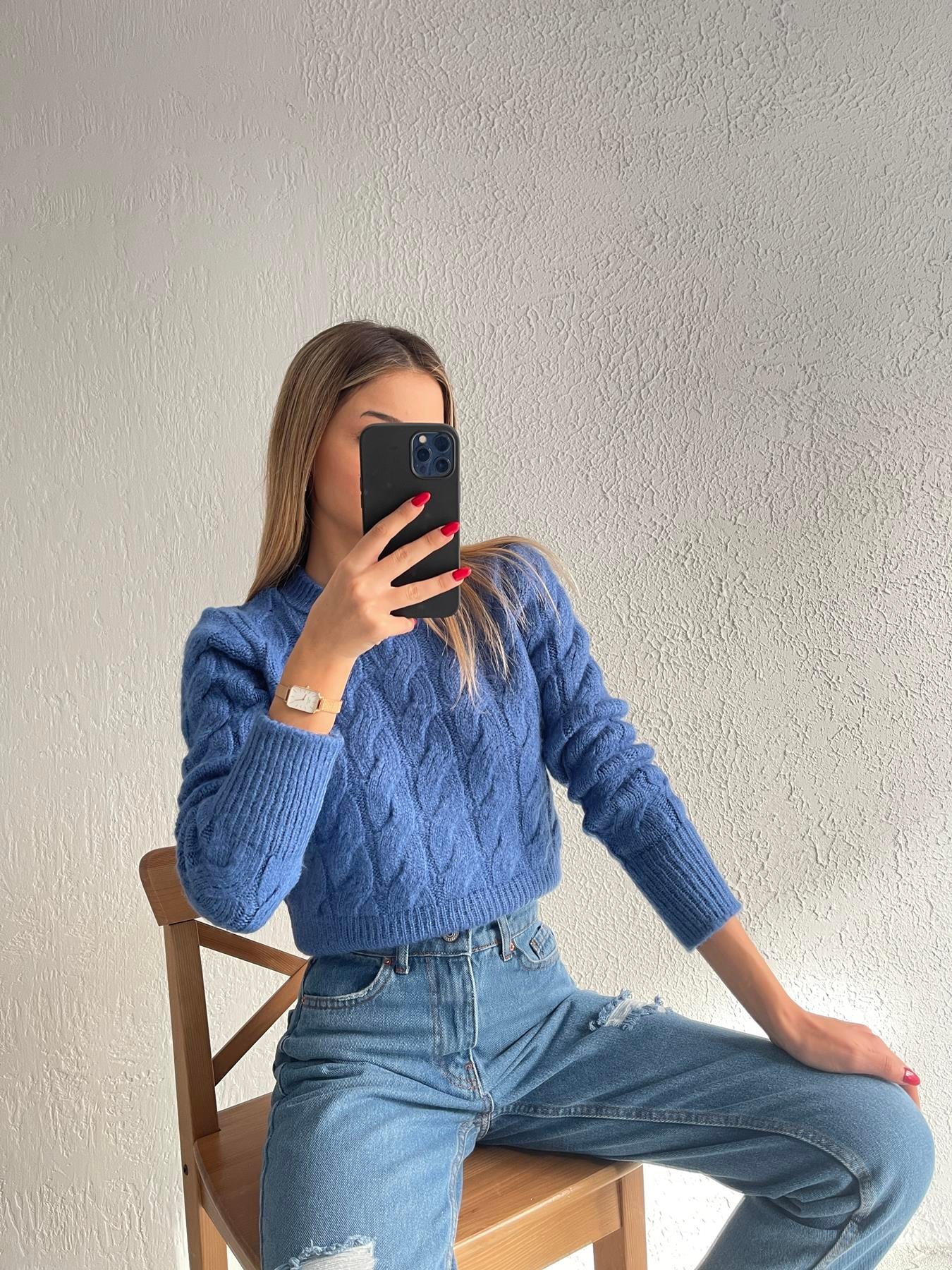 Bisiklet Yaka Saç Örgü Kazak SAKS