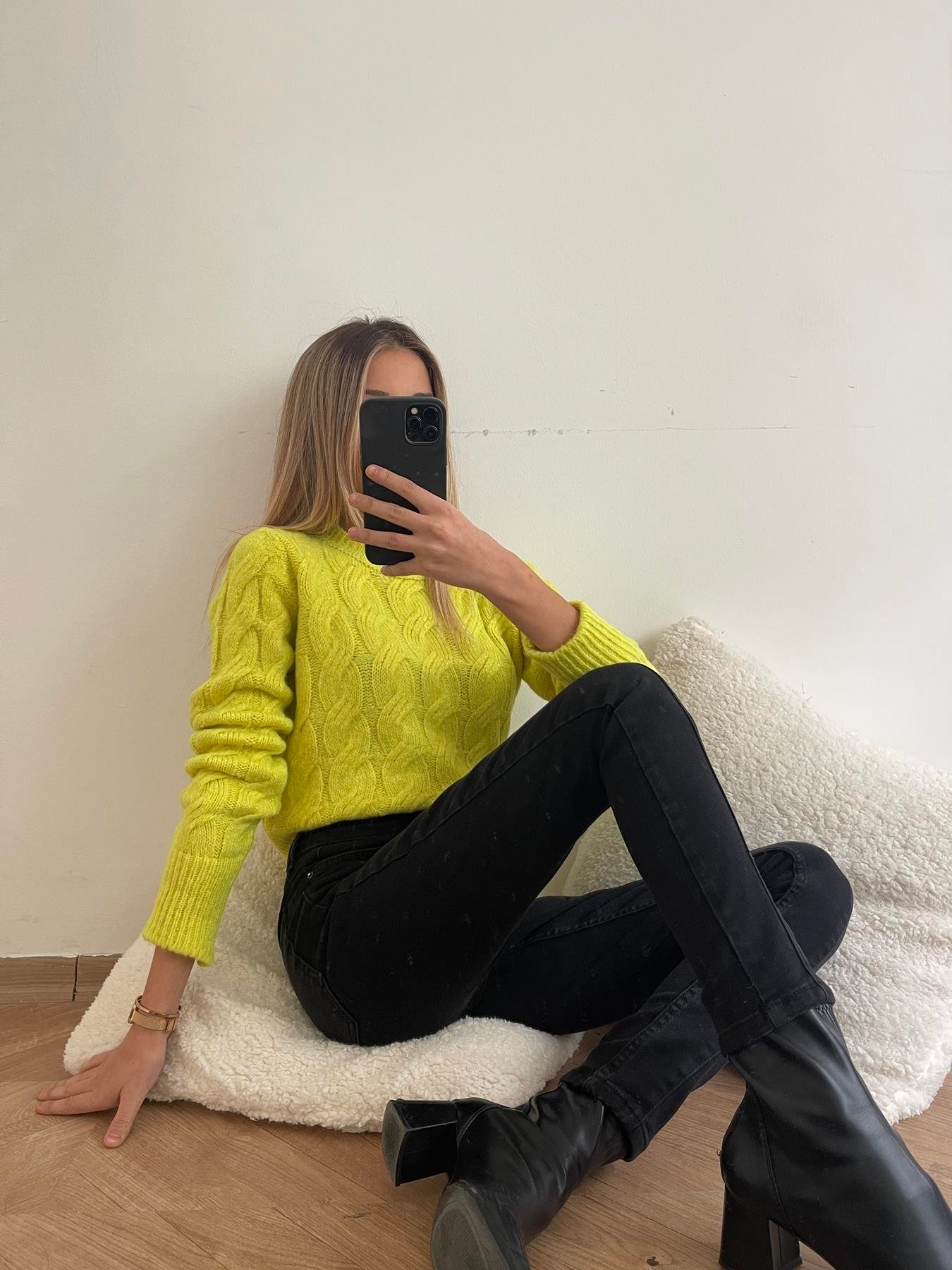 Bisiklet Yaka Saç Örgü Kazak SARI