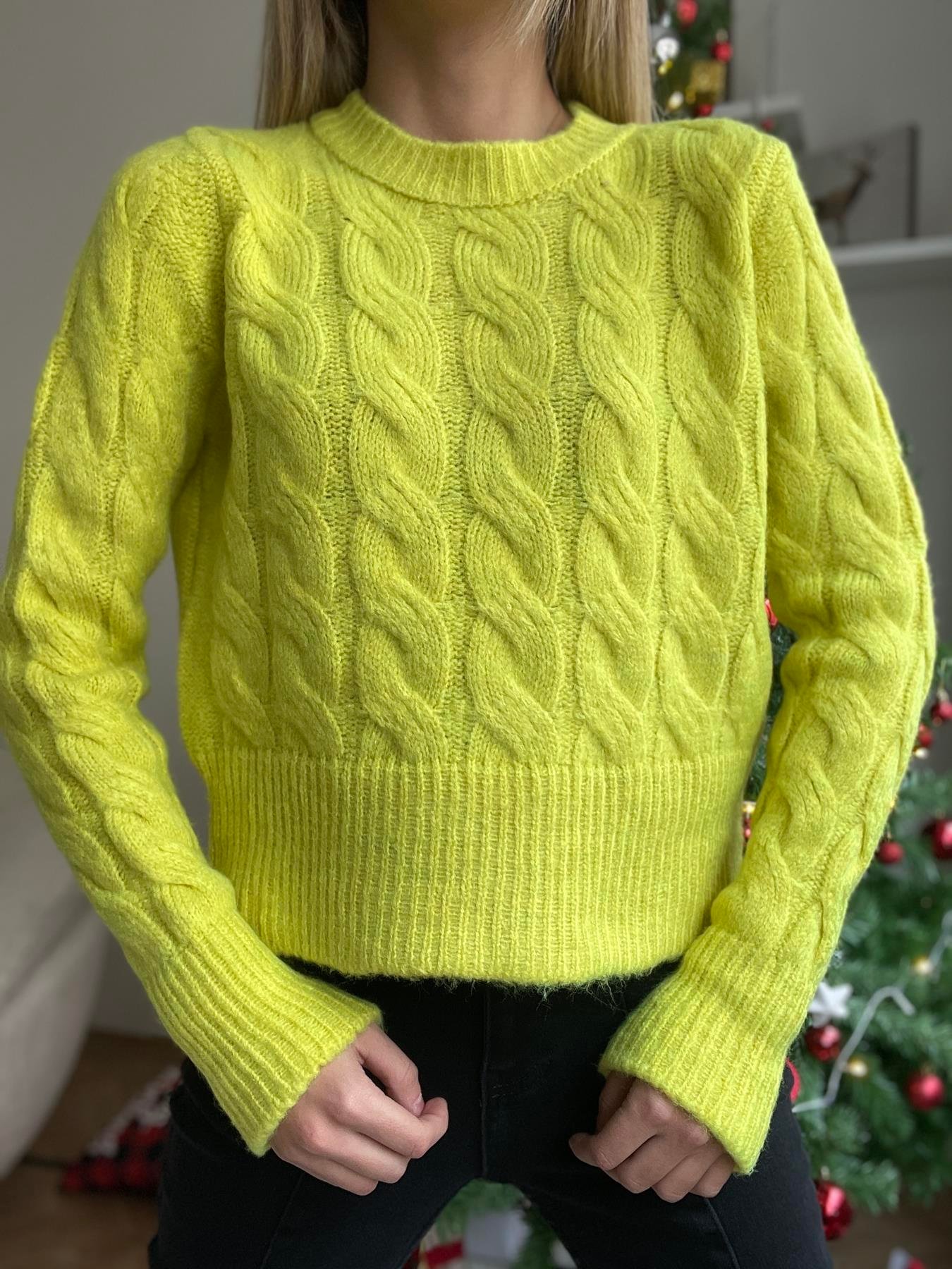 Bisiklet Yaka Saç Örgü Kazak SARI