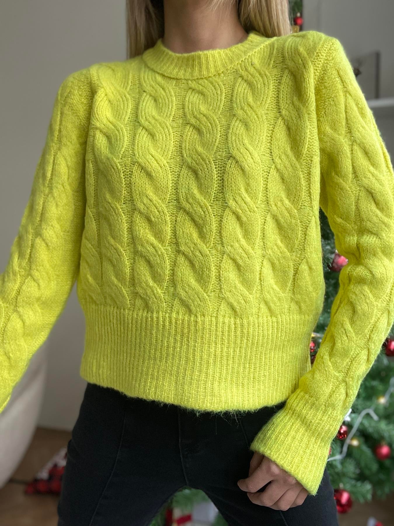 Bisiklet Yaka Saç Örgü Kazak SARI