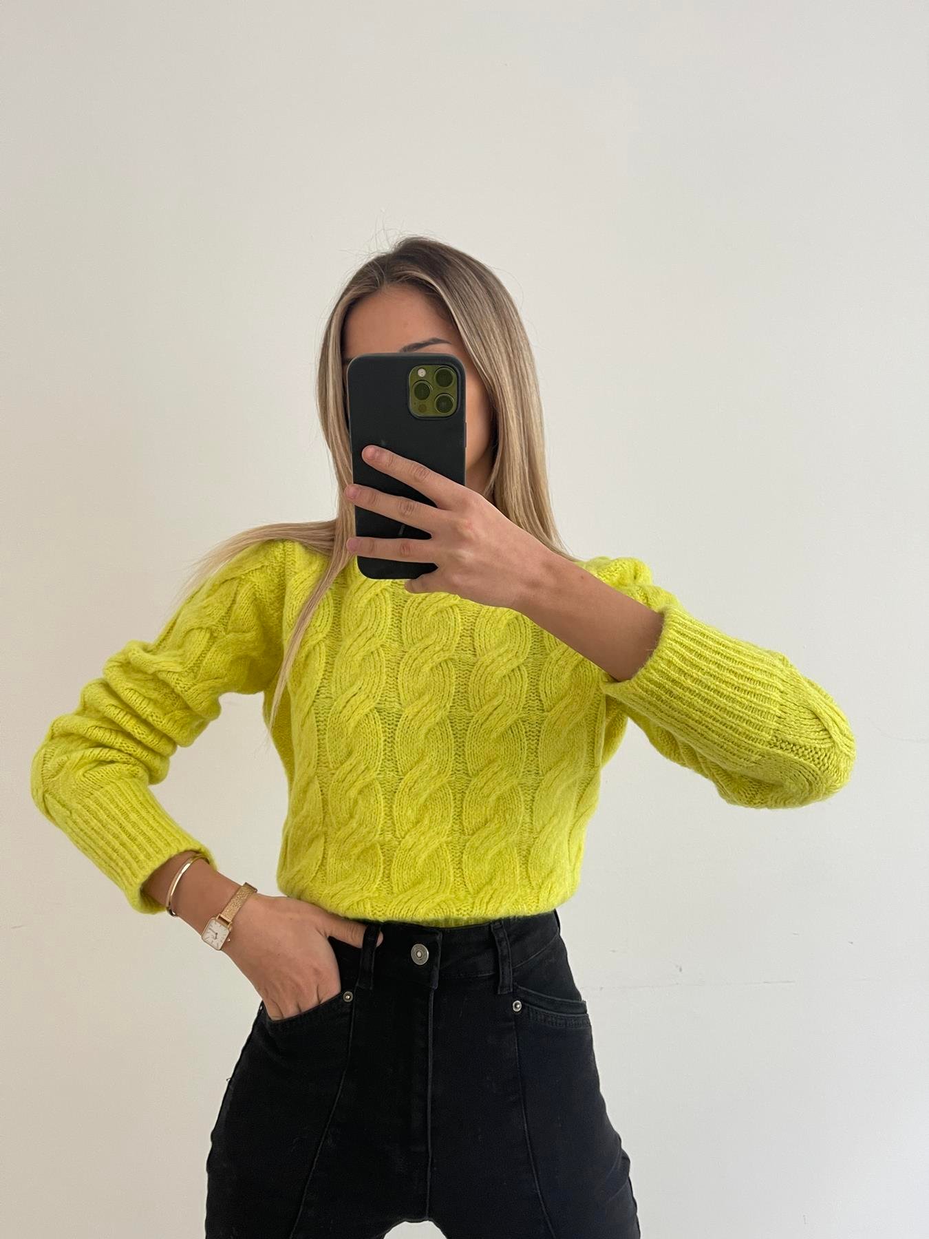 Bisiklet Yaka Saç Örgü Kazak SARI