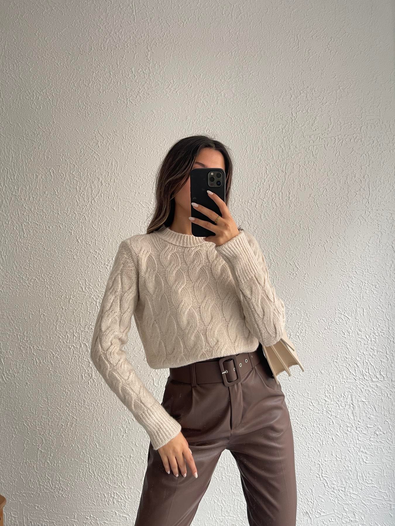 Bisiklet Yaka Saç Örgü Kazak TAŞ