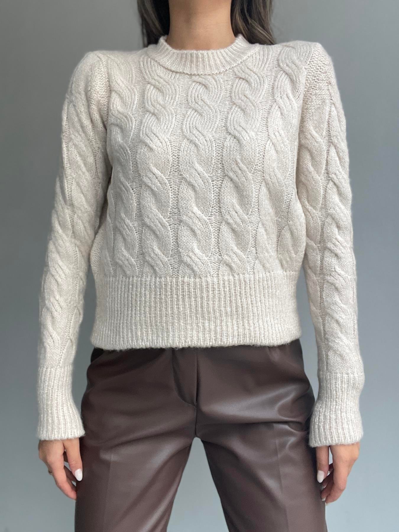 Bisiklet Yaka Saç Örgü Kazak TAŞ