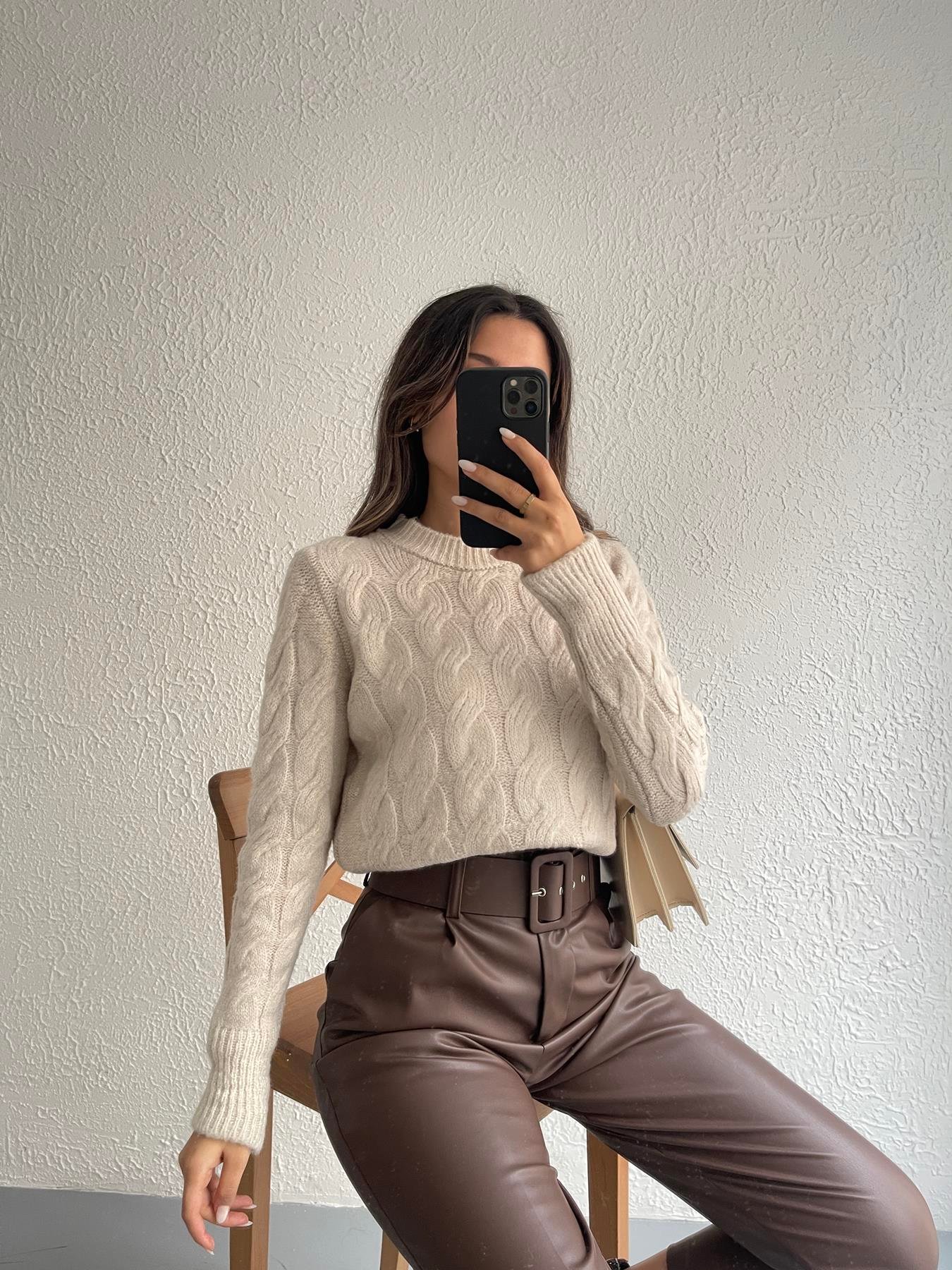 Bisiklet Yaka Saç Örgü Kazak TAŞ