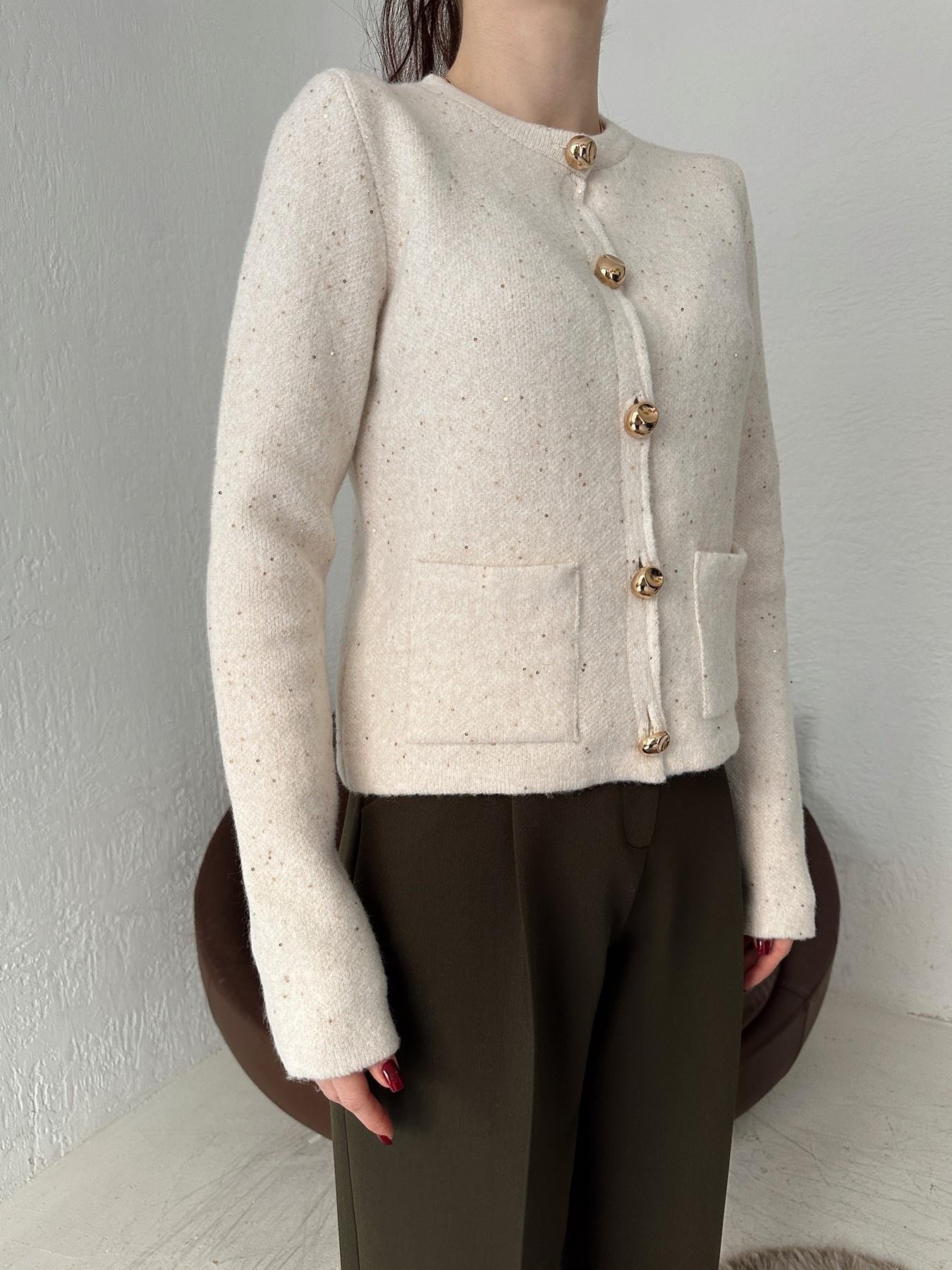 Bisiklet Yaka Simli Hırka KREM